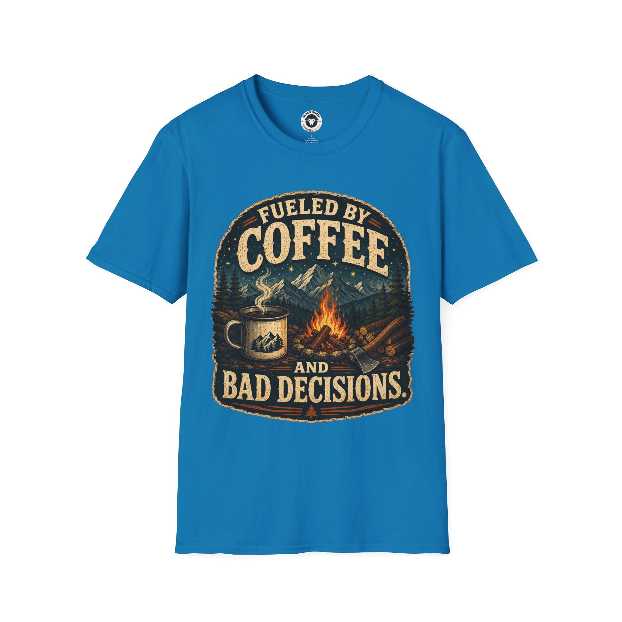 Coffee T-Shirt — "Fueled by Coffee (and Bad Decisions)" Vintage Camping Tee