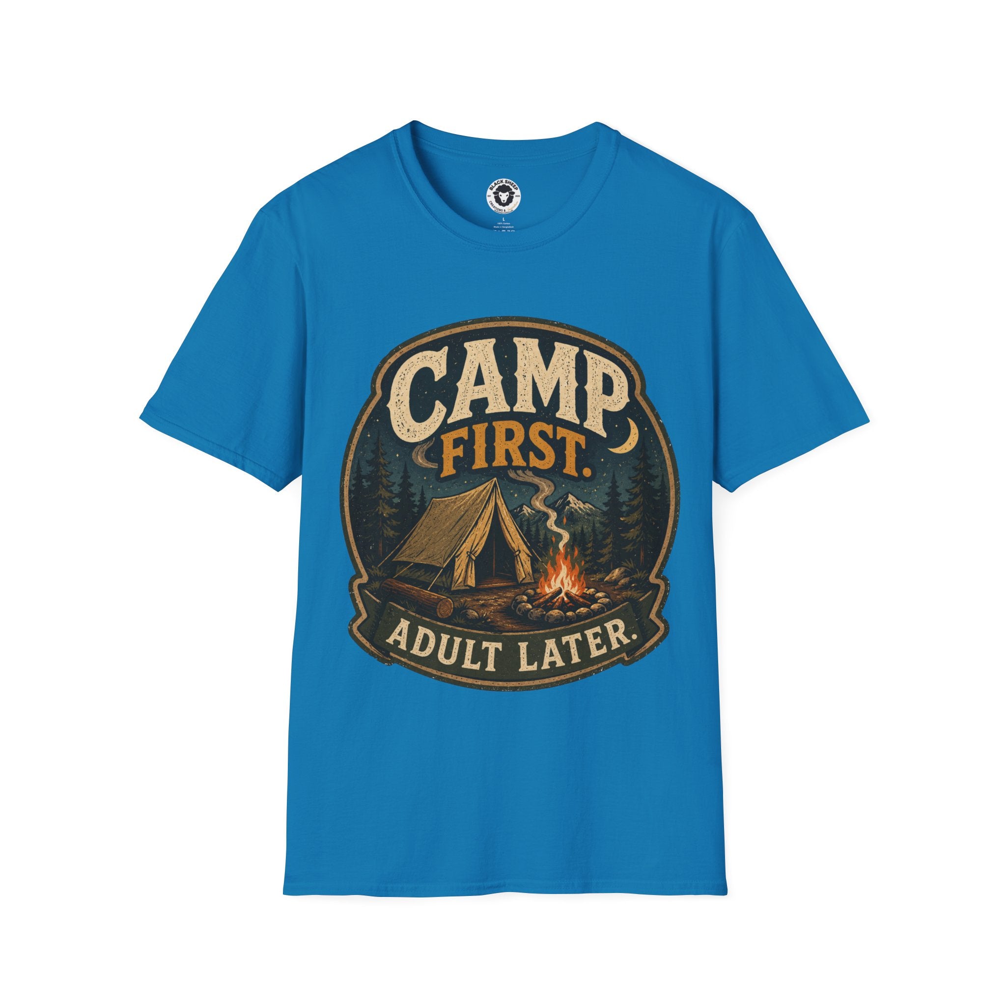 Camp First T‑Shirt — "Camp First, Adult Later" Vintage Camping Tee