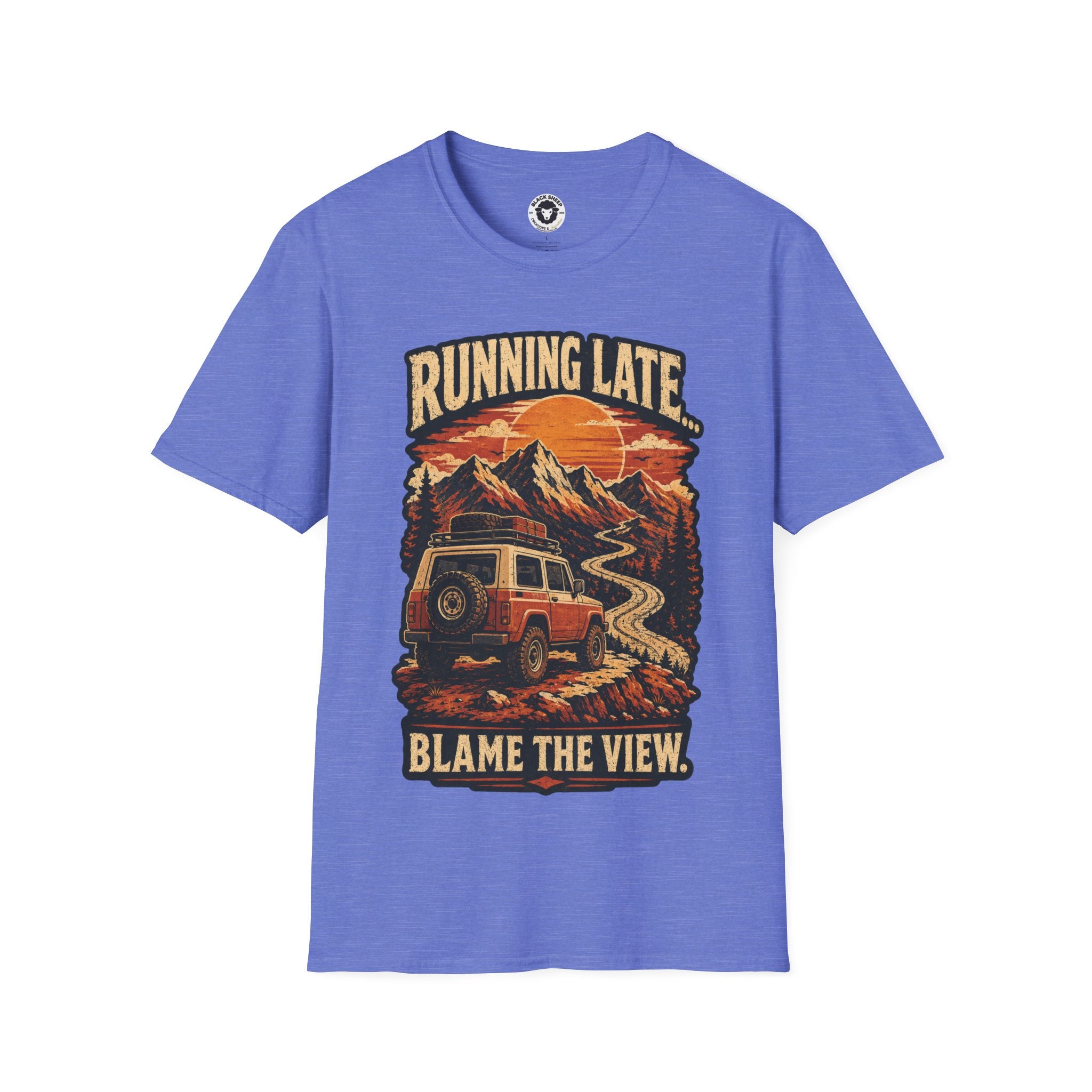 Running Late Adventure T‑Shirt — Retro Mountain Camper Graphic