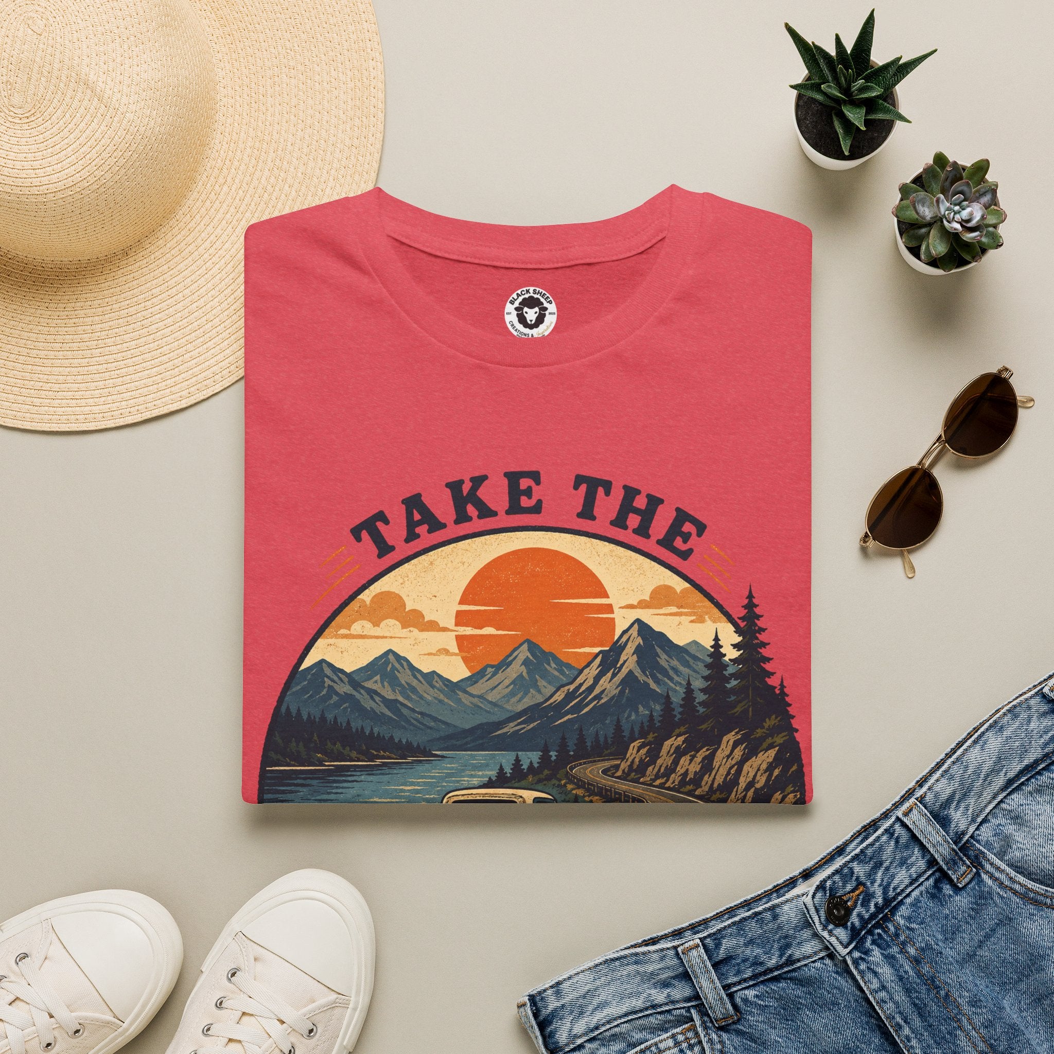 Long Road Adventure T-Shirt — “Take the Long Way Home” Vintage Mountain Sunset Tee