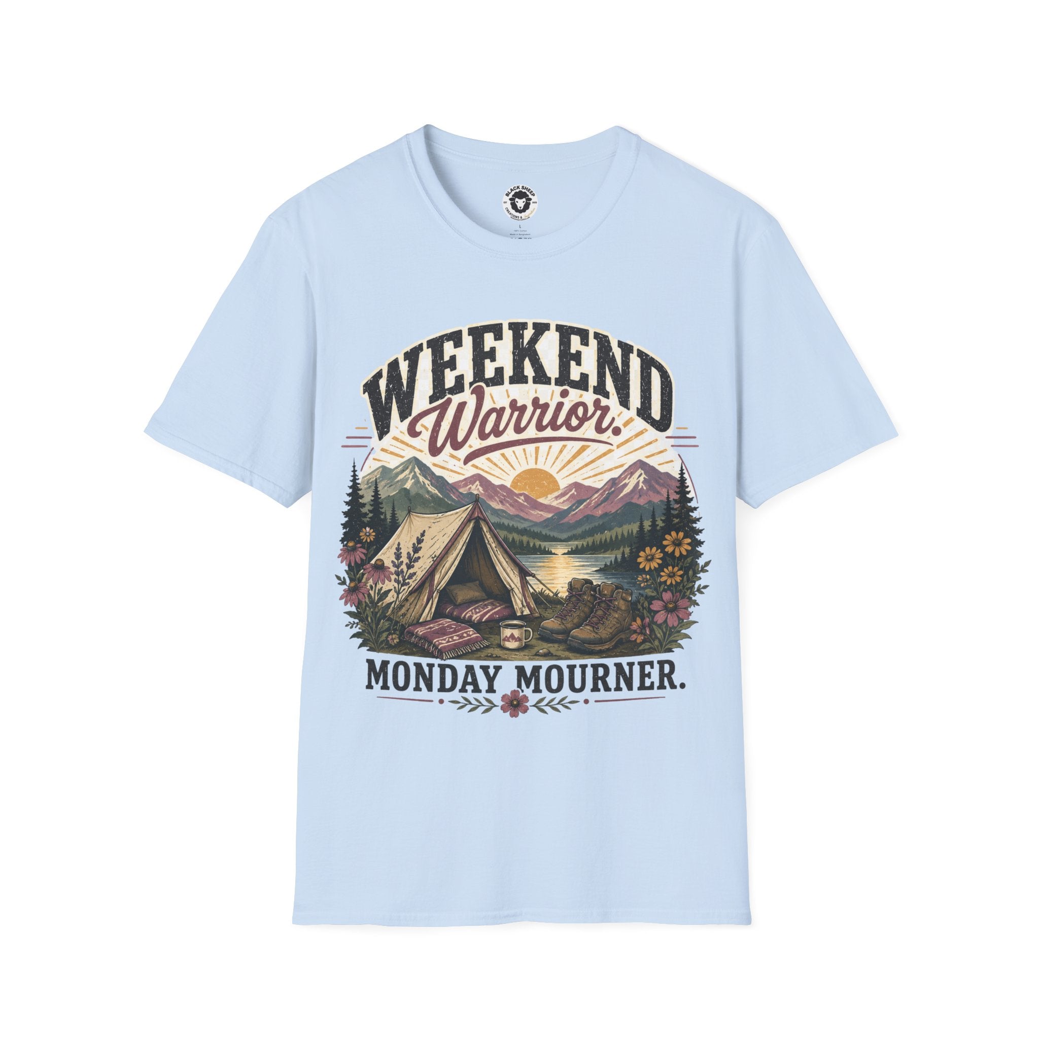 Weekend Warrior T-Shirt — Vintage Camping Adventure Graphic Tee ("Monday Mourns")