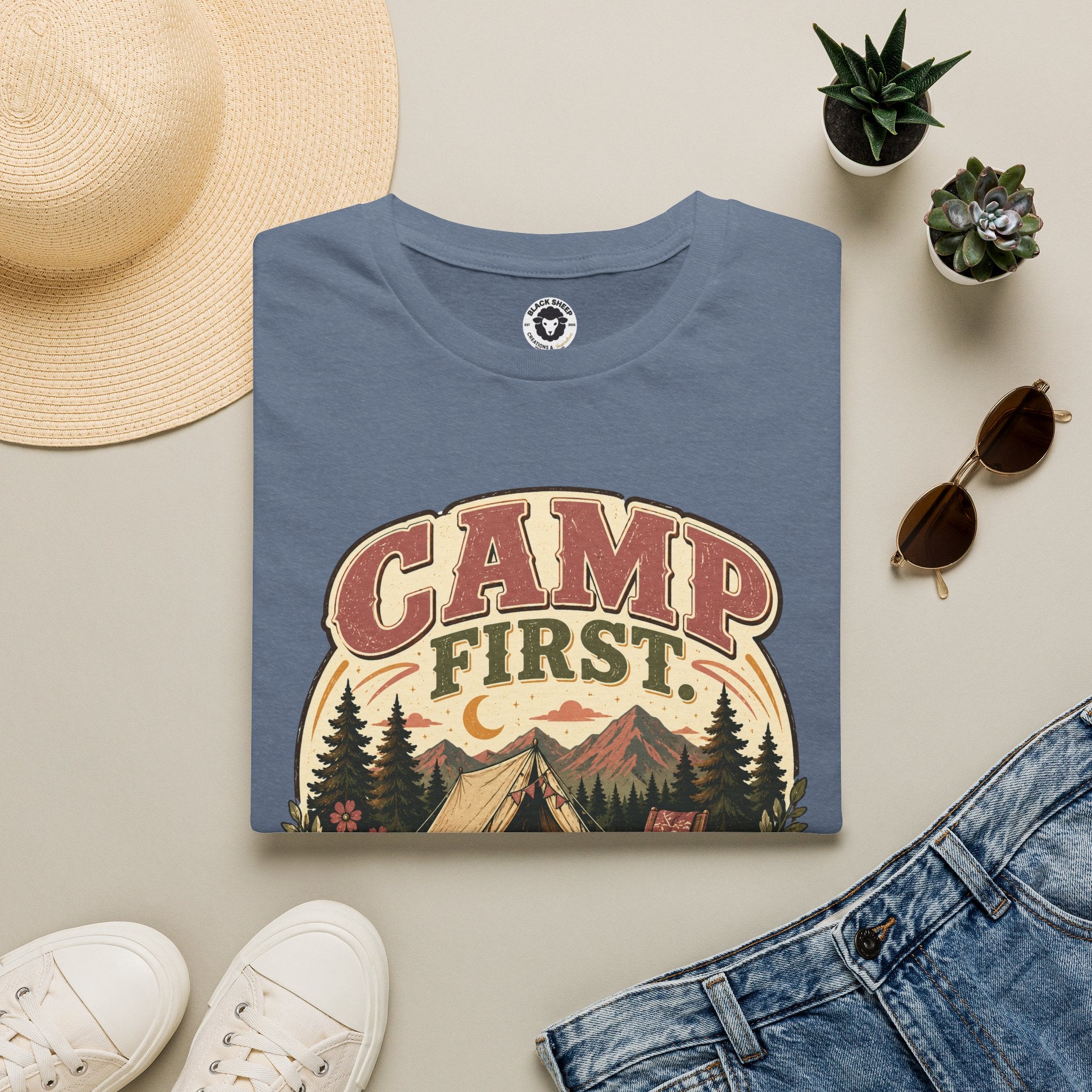Camp First T-Shirt — Vintage Camping Tee ("Camp First, Adult Later")