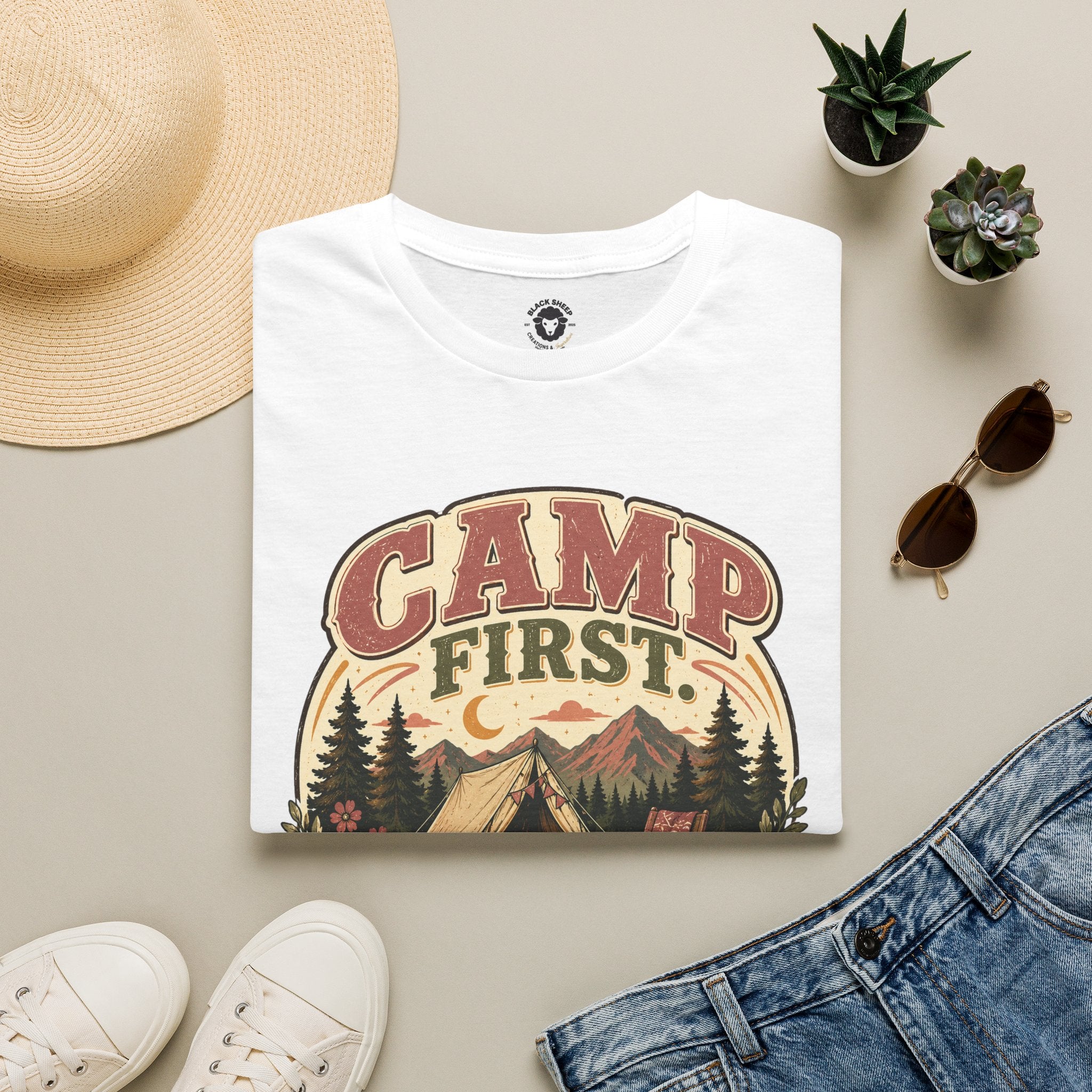 Camp First T-Shirt — Vintage Camping Tee ("Camp First, Adult Later")