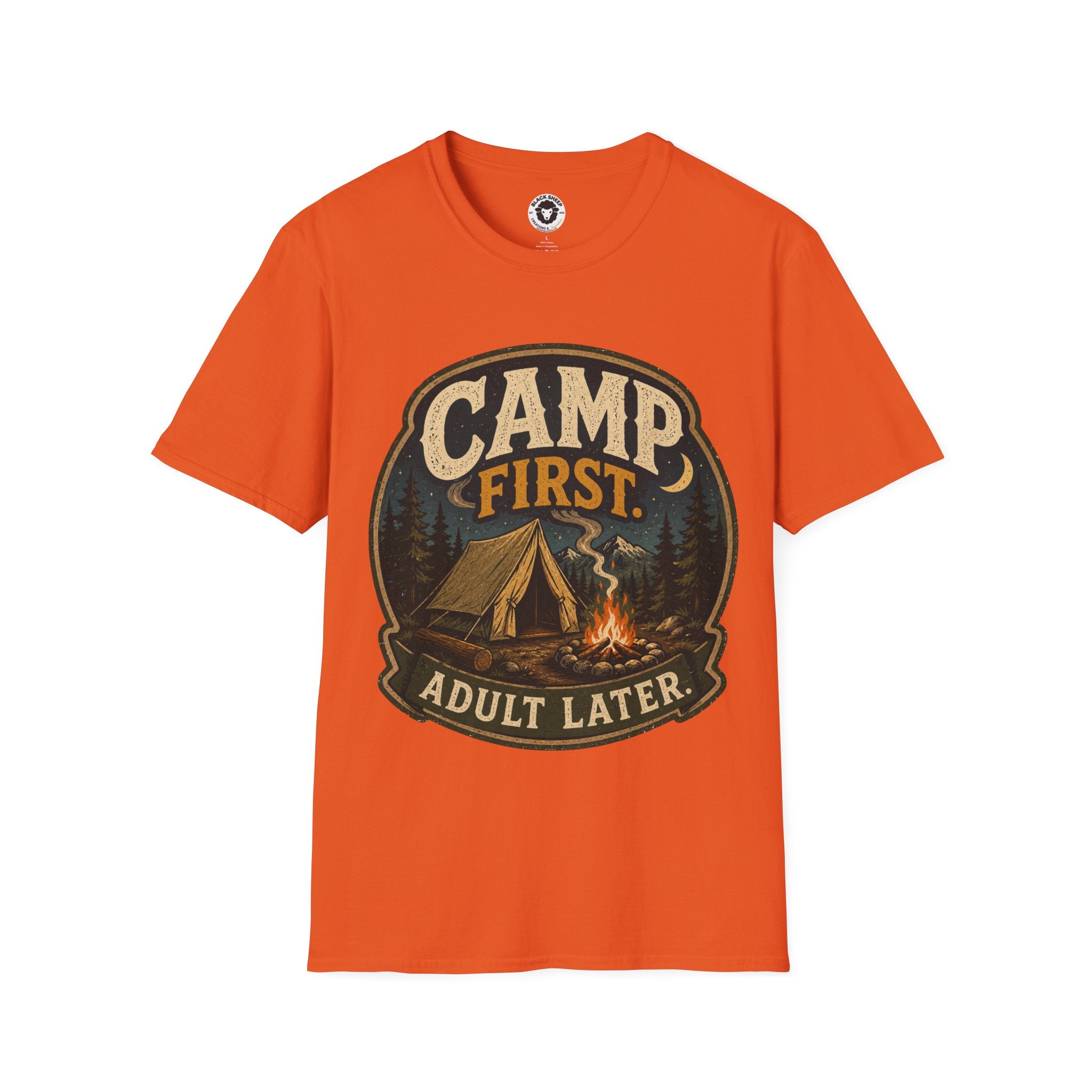 Camp First T‑Shirt — "Camp First, Adult Later" Vintage Camping Tee