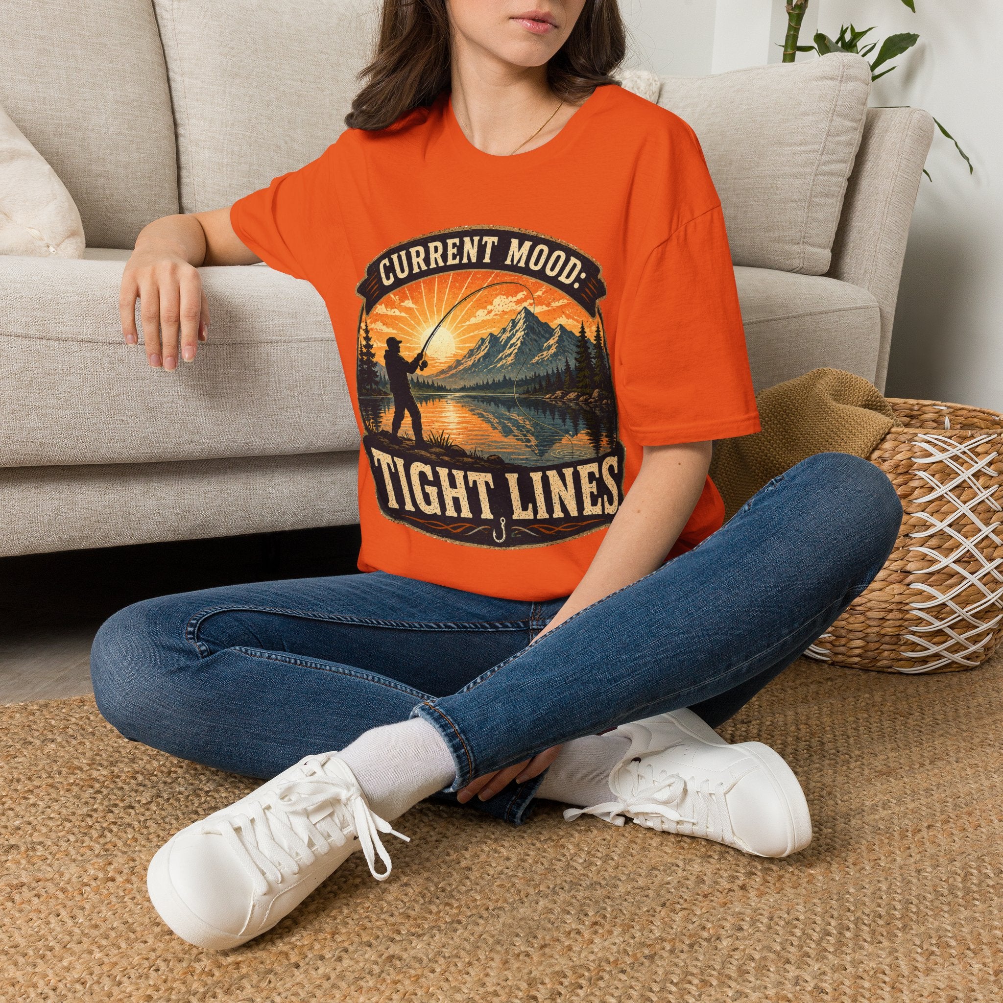Fishing T-Shirt — “Current Mood: Tight Lines” Vintage Outdoors Tee