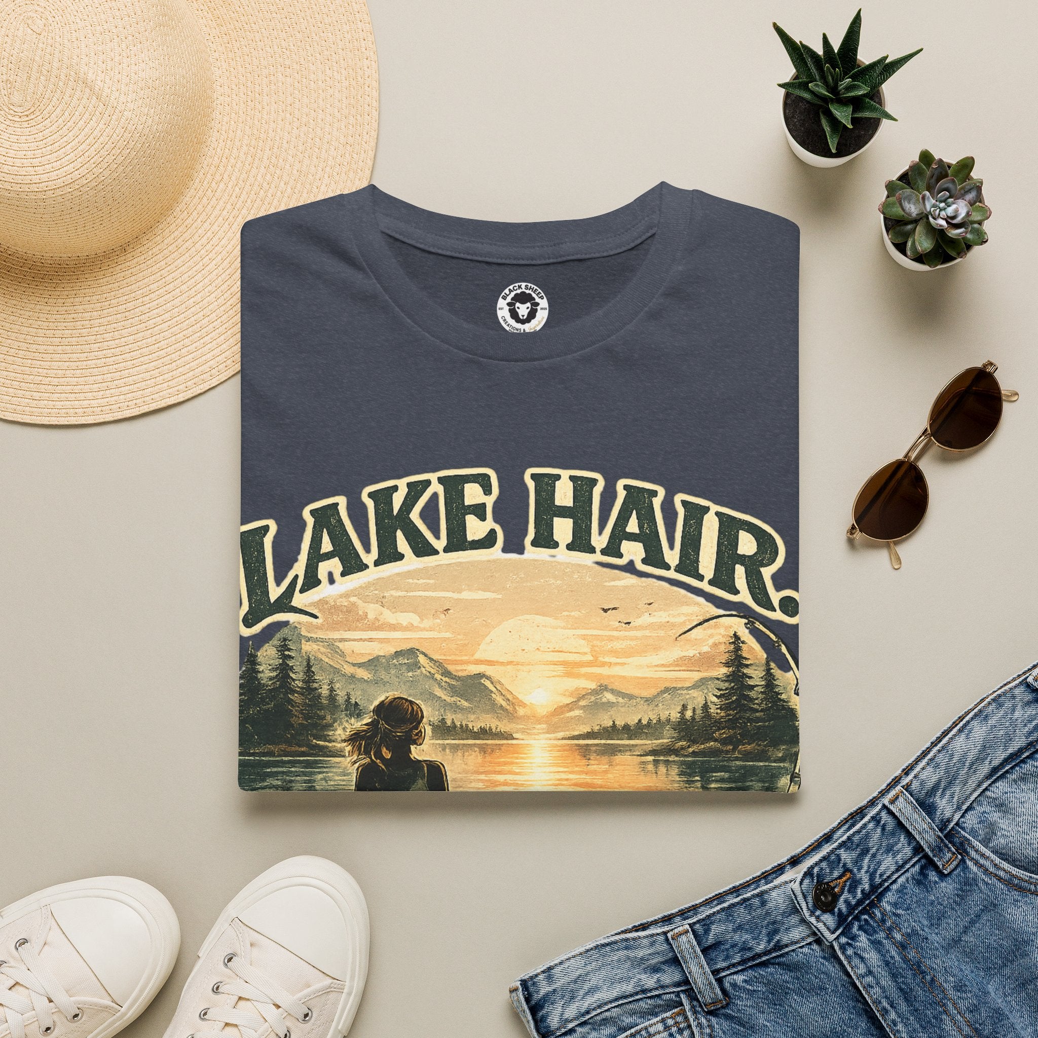 Lake Hair Don't Care T-Shirt — Retro Sunset Lake Scene Tee for Boating & Vacation