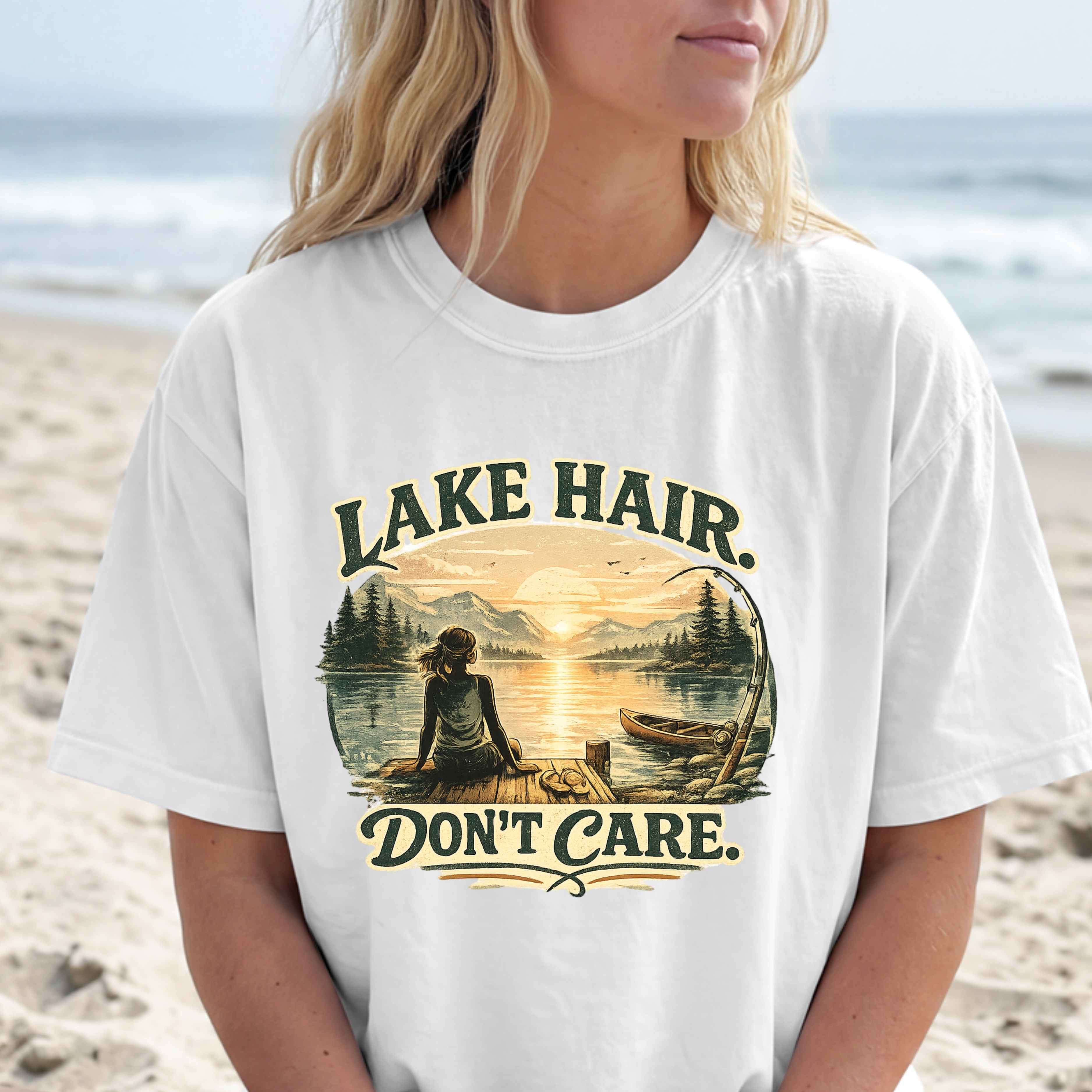 Lake Hair Don't Care T-Shirt — Retro Sunset Lake Scene Tee for Boating & Vacation