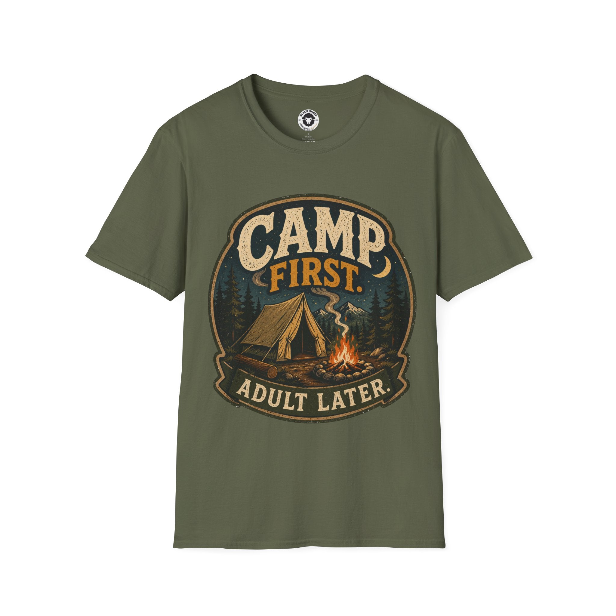 Camp First T‑Shirt — "Camp First, Adult Later" Vintage Camping Tee
