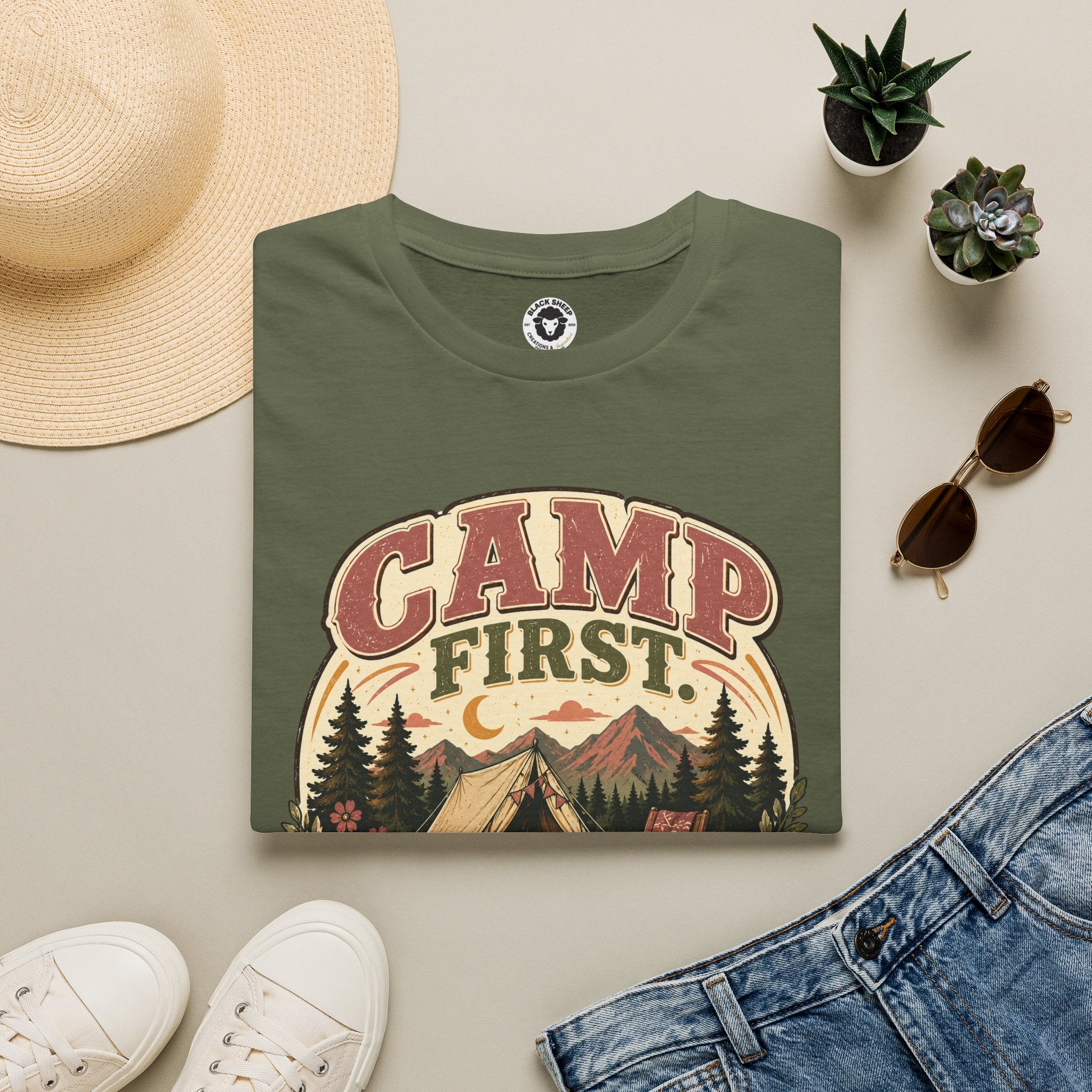 Camp First T-Shirt — Vintage Camping Tee ("Camp First, Adult Later")