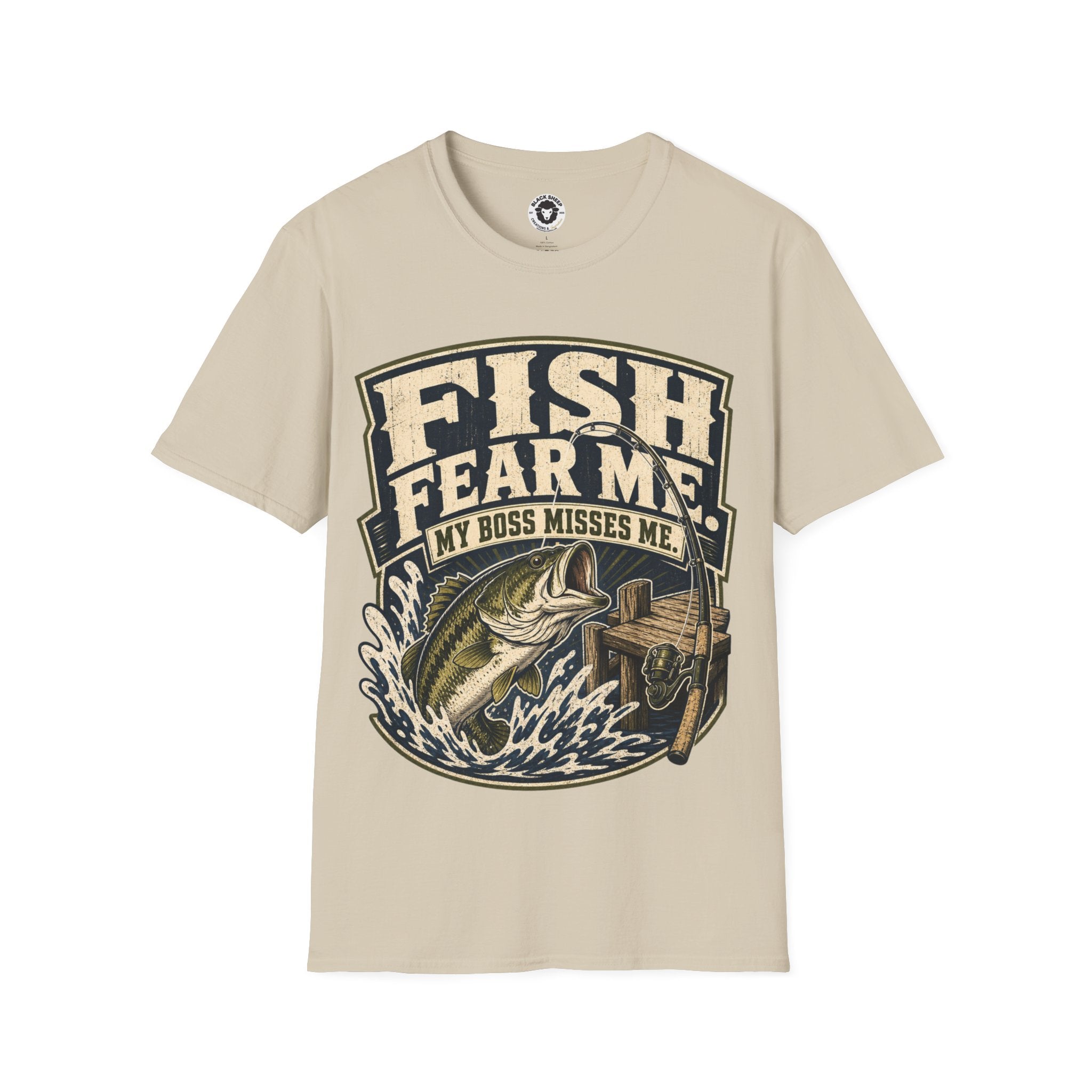 Fishing T-Shirt — "Fish Fear Me, My Boss Misses Me" Graphic Tee for Anglers