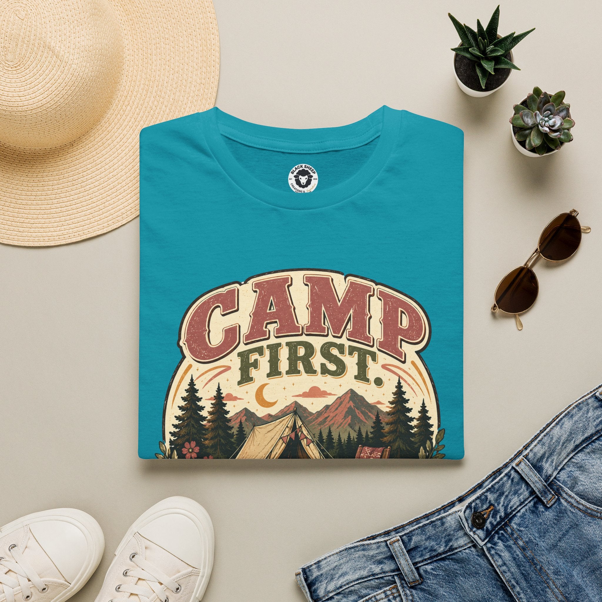 Camp First T-Shirt — Vintage Camping Tee ("Camp First, Adult Later")