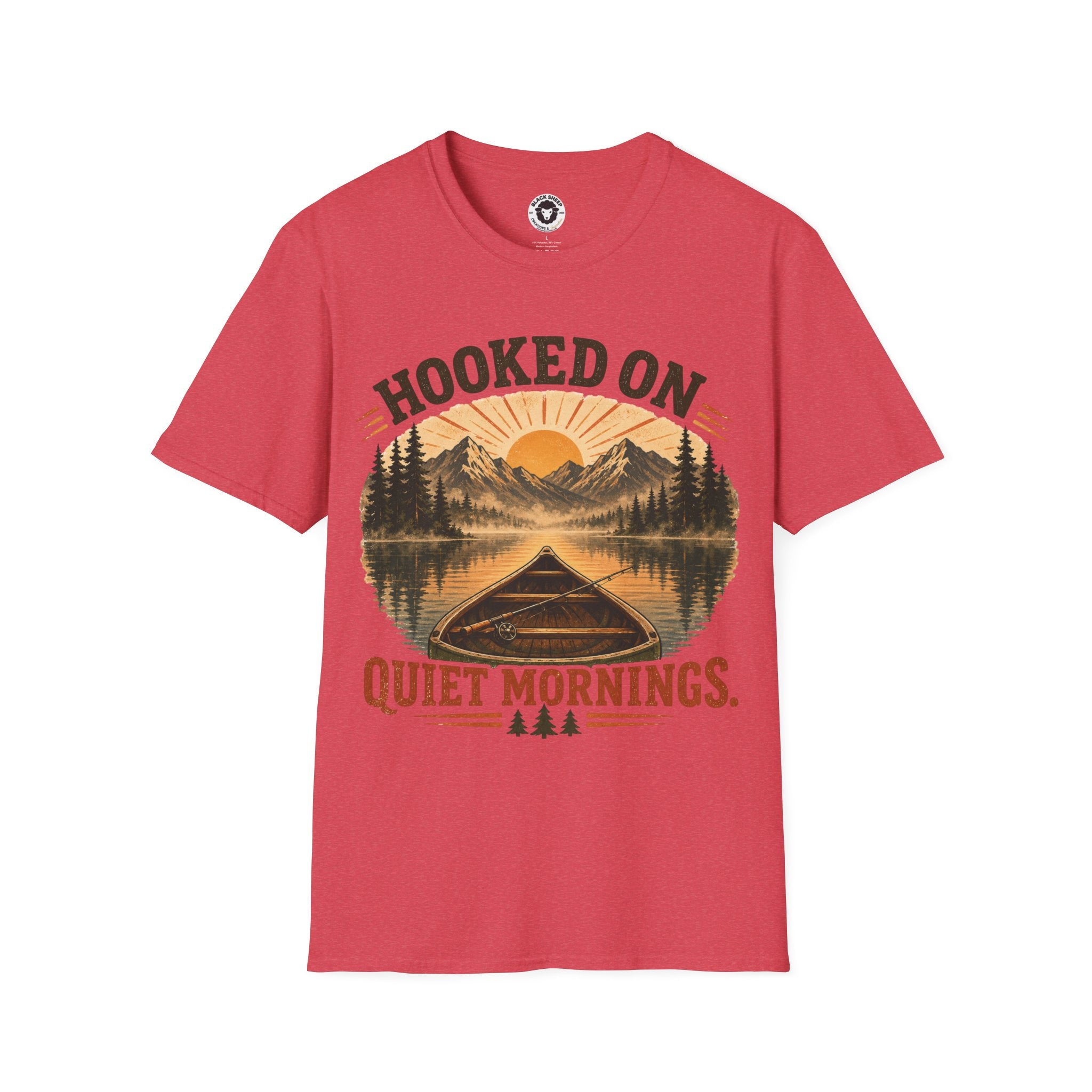 Camping T-Shirt — "Hooked On Quiet Mornings" Retro Mountain & Lake Fishing Tee