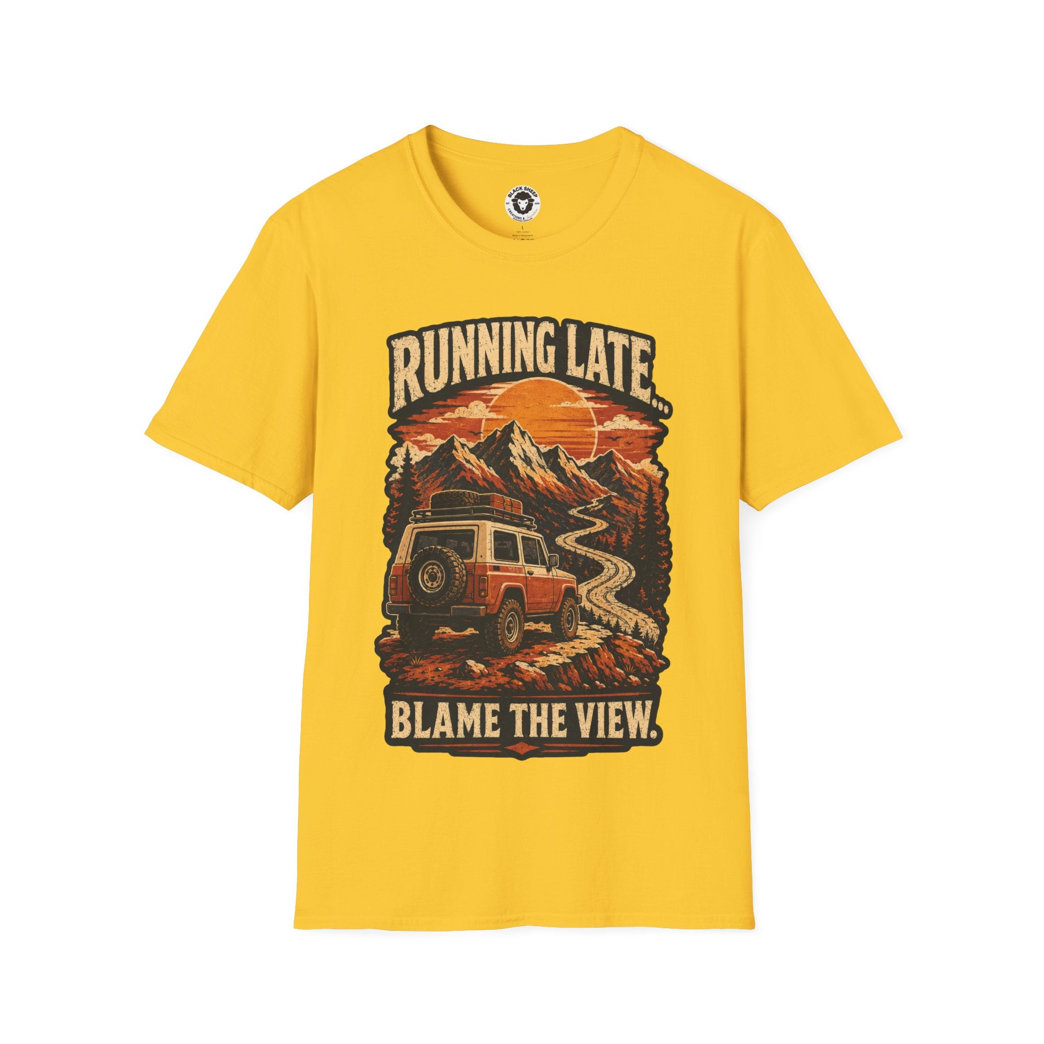 Running Late Adventure T‑Shirt — Retro Mountain Camper Graphic