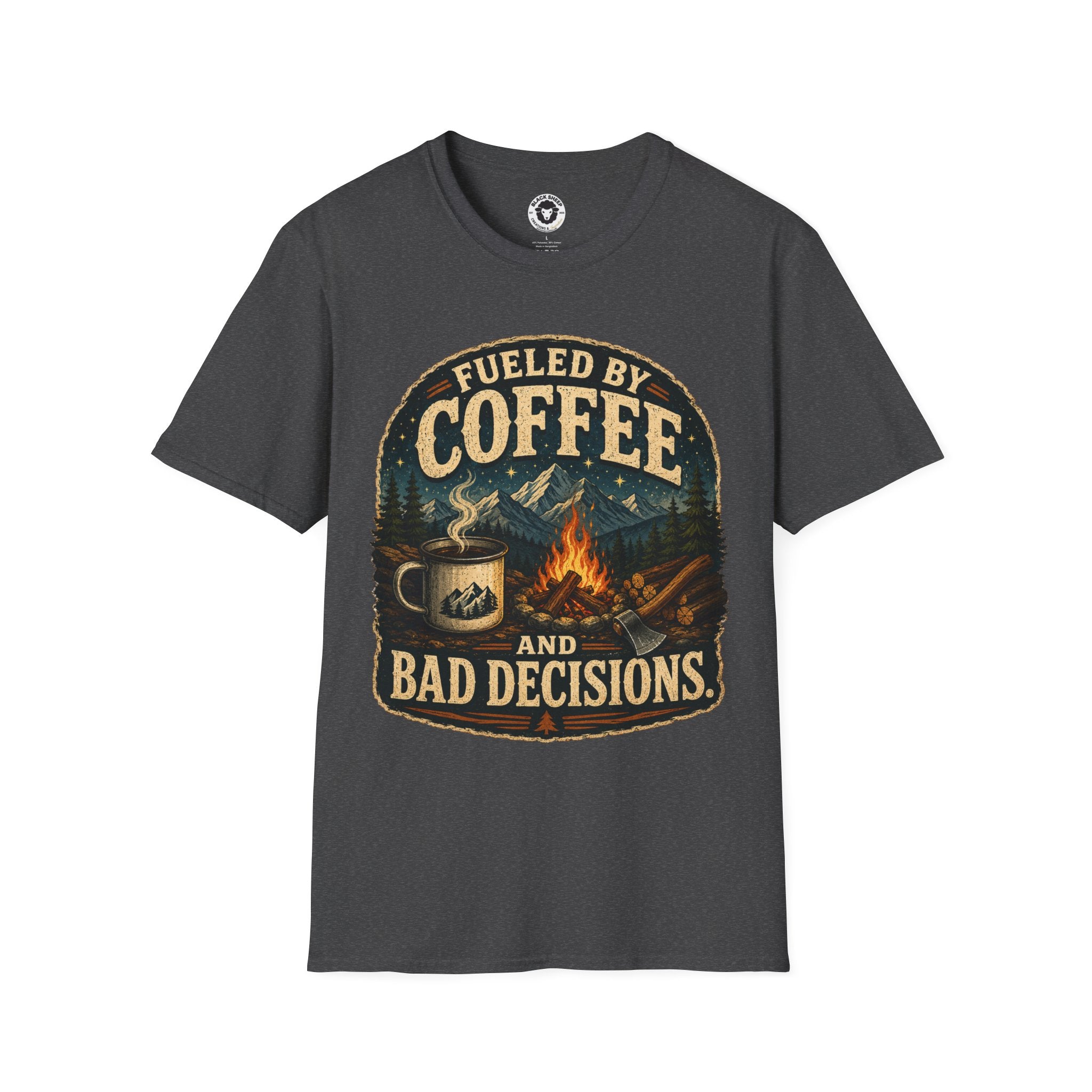 Coffee T-Shirt — "Fueled by Coffee (and Bad Decisions)" Vintage Camping Tee