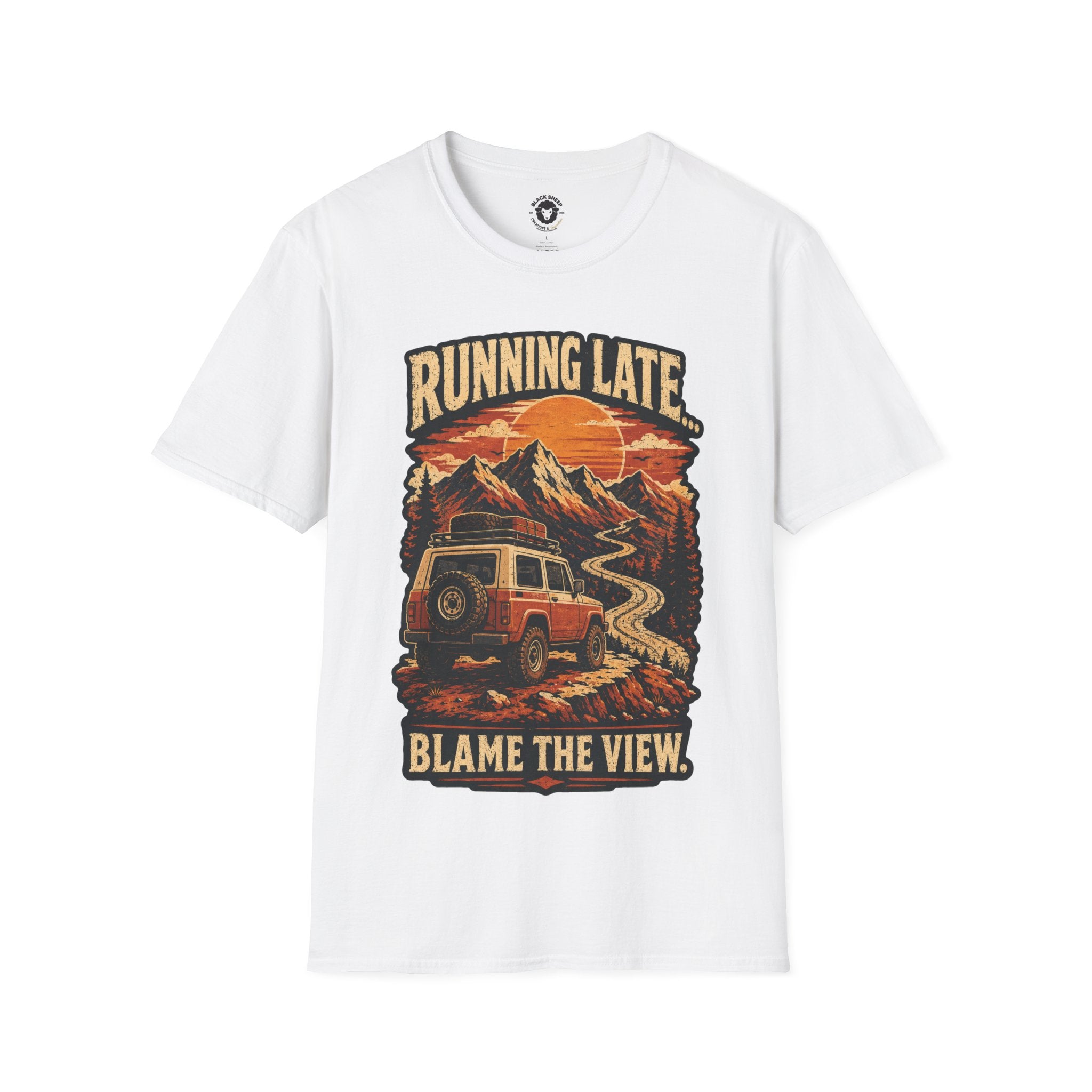 Running Late Adventure T‑Shirt — Retro Mountain Camper Graphic
