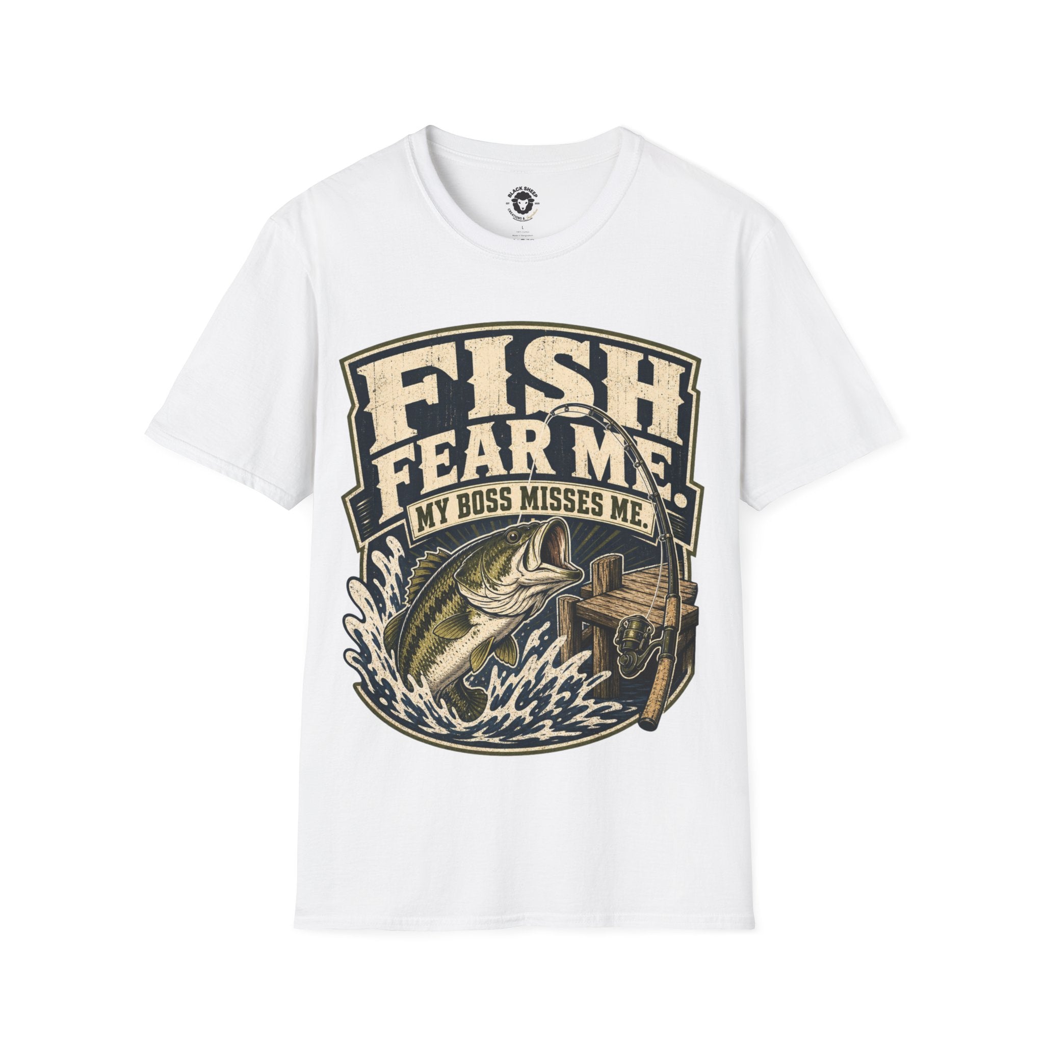 Fishing T-Shirt — "Fish Fear Me, My Boss Misses Me" Graphic Tee for Anglers