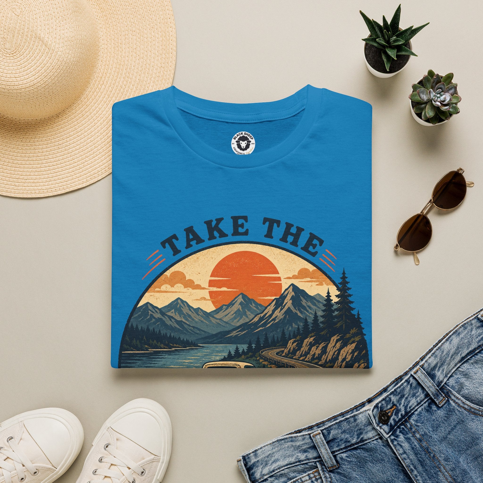Long Road Adventure T-Shirt — “Take the Long Way Home” Vintage Mountain Sunset Tee