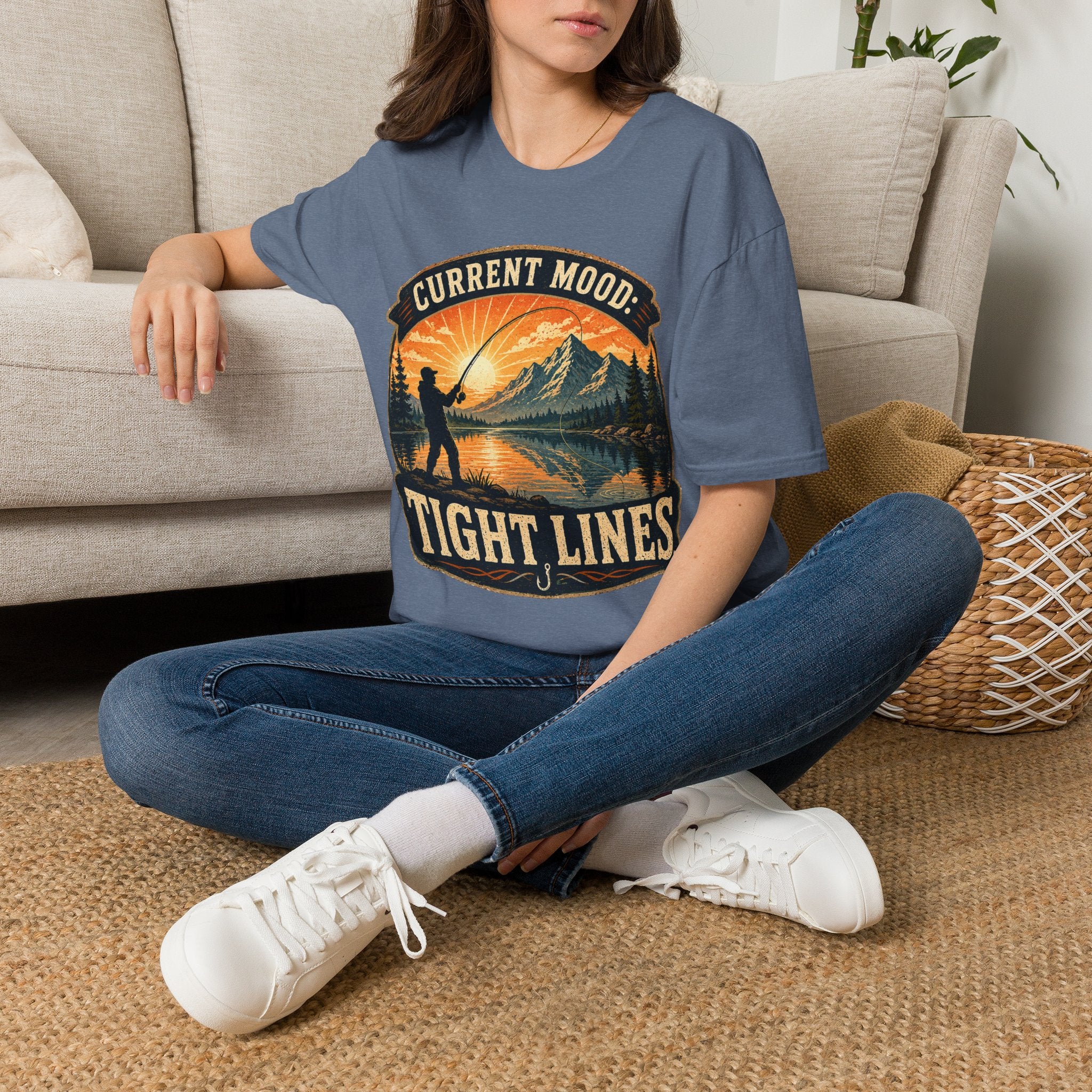 Fishing T-Shirt — “Current Mood: Tight Lines” Vintage Outdoors Tee