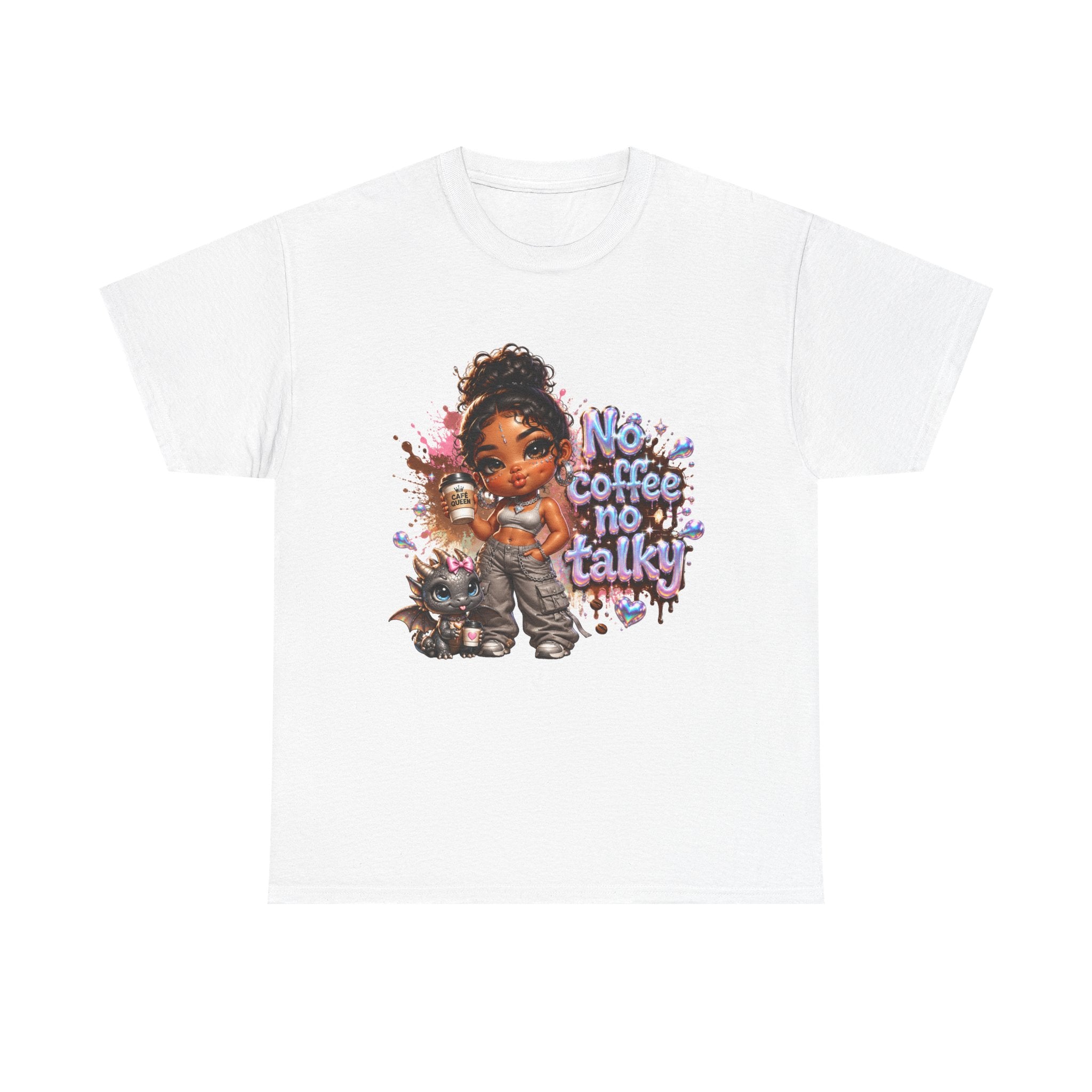 T-Shirt — "No Coffee No Talky" Cute Girl & Cat Graphic Tee
