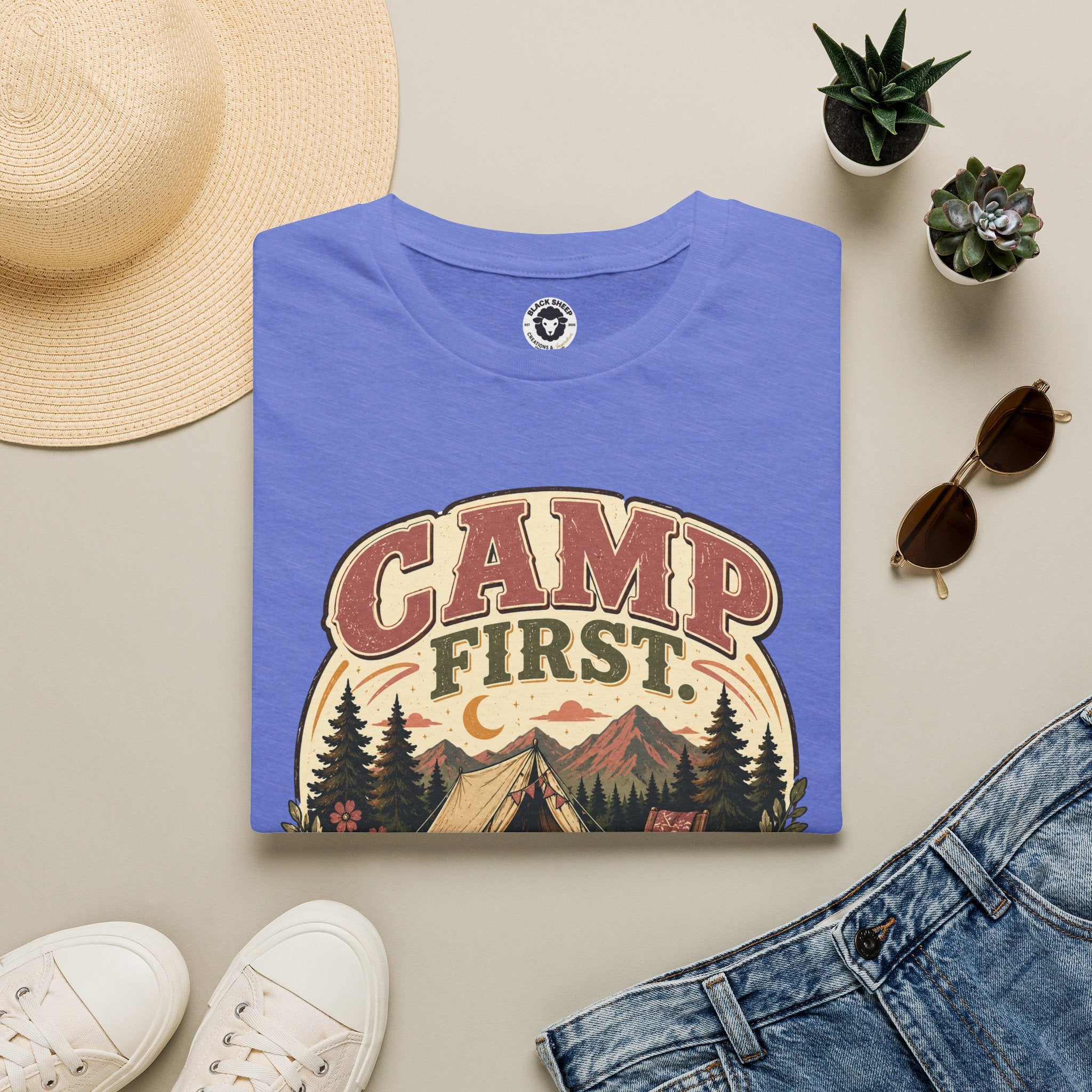 Camp First T-Shirt — Vintage Camping Tee ("Camp First, Adult Later")