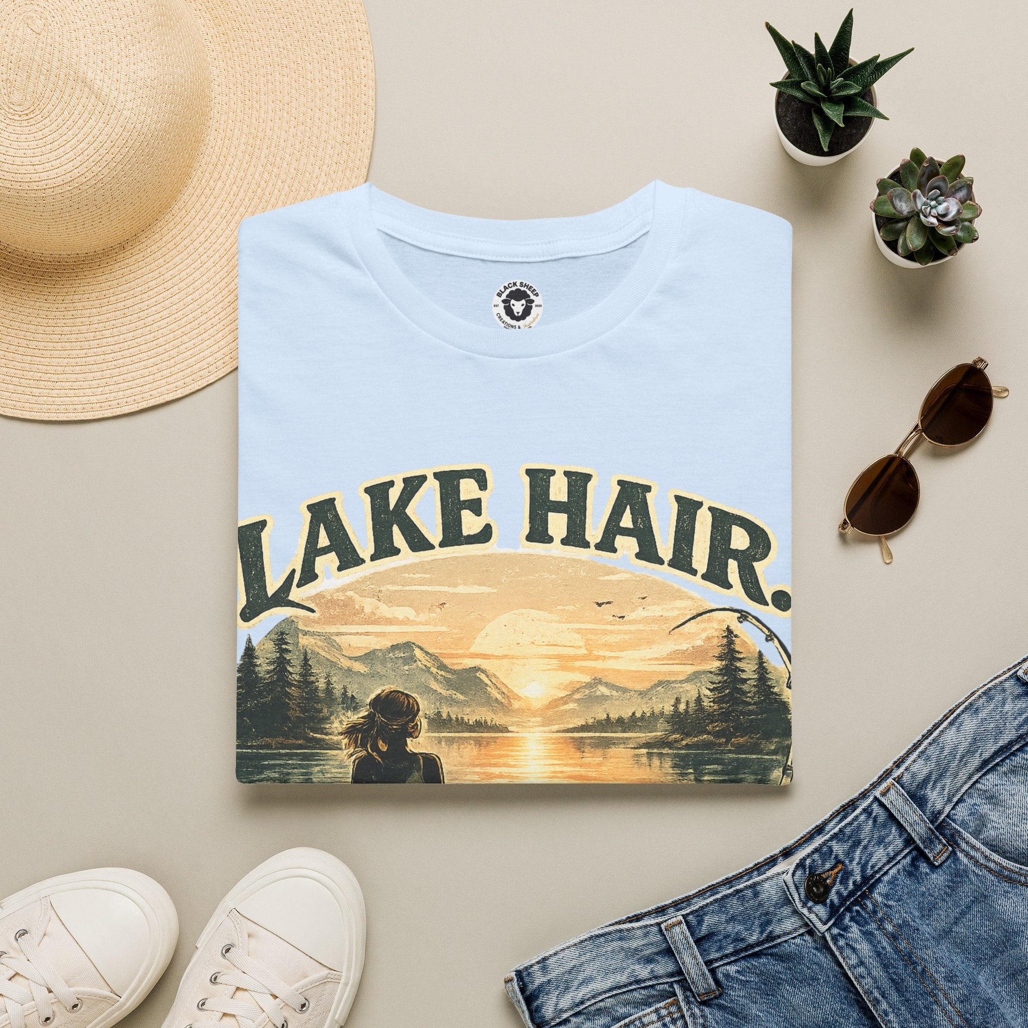 Lake Hair Don't Care T-Shirt — Retro Sunset Lake Scene Tee for Boating & Vacation