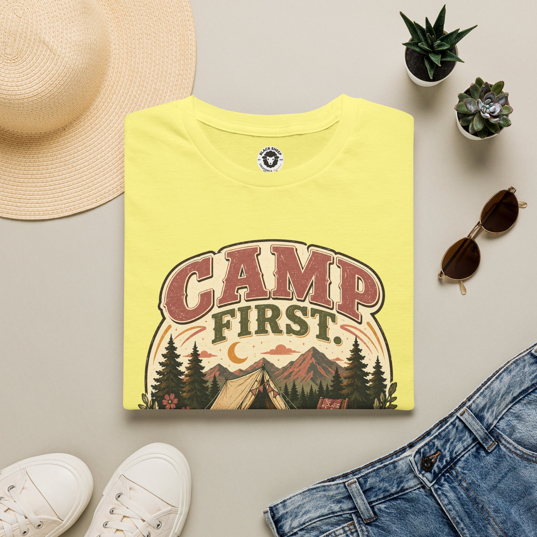 Camp First T-Shirt — Vintage Camping Tee ("Camp First, Adult Later")