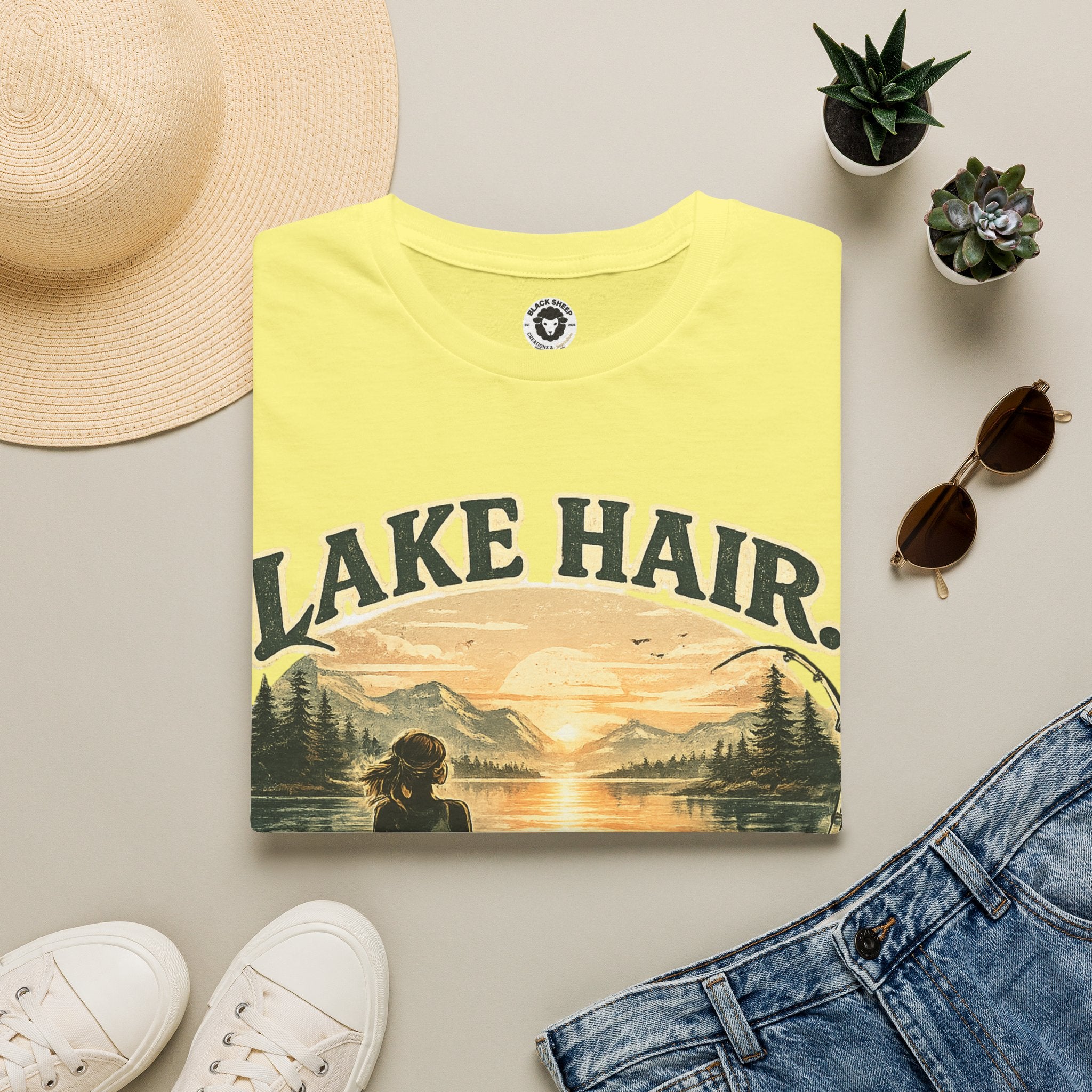 Lake Hair Don't Care T-Shirt — Retro Sunset Lake Scene Tee for Boating & Vacation