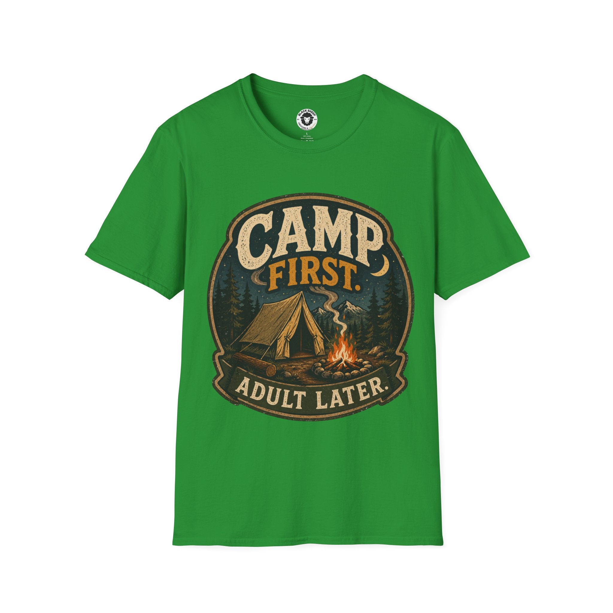 Camp First T‑Shirt — "Camp First, Adult Later" Vintage Camping Tee