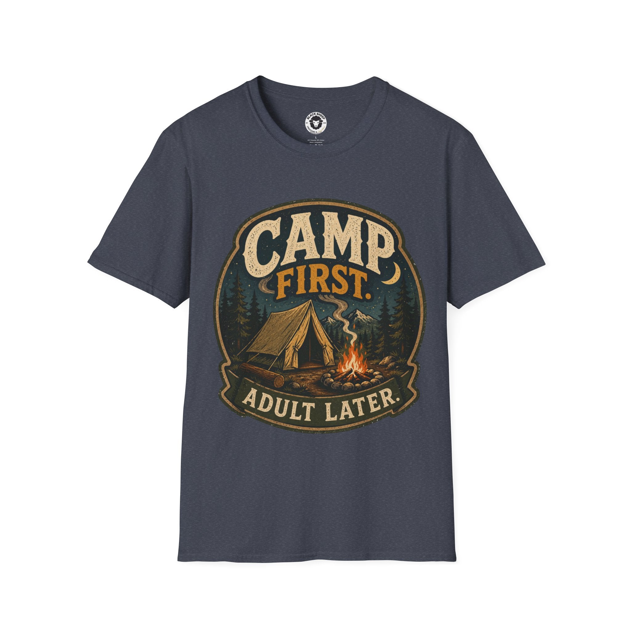 Camp First T‑Shirt — "Camp First, Adult Later" Vintage Camping Tee
