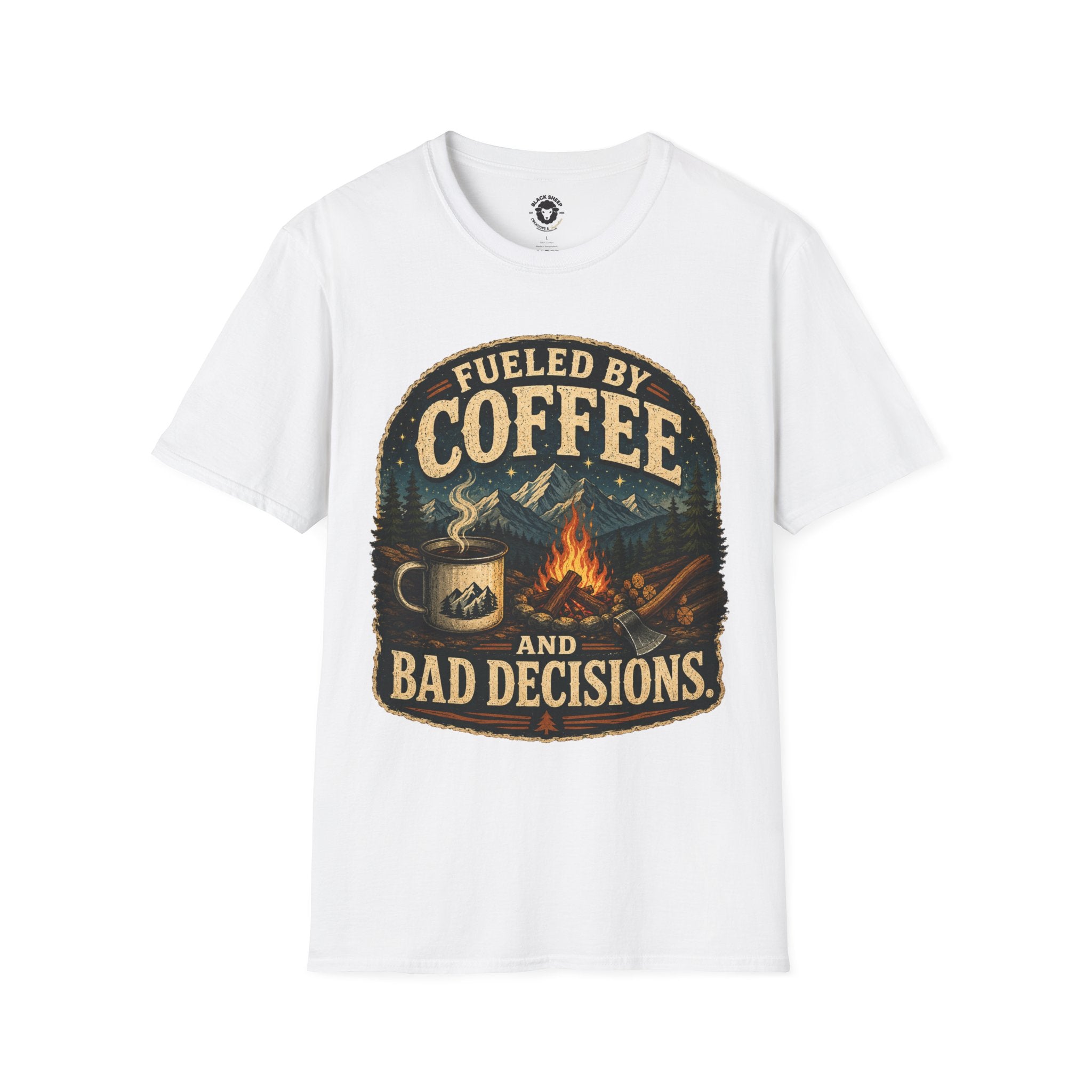 Coffee T-Shirt — "Fueled by Coffee (and Bad Decisions)" Vintage Camping Tee