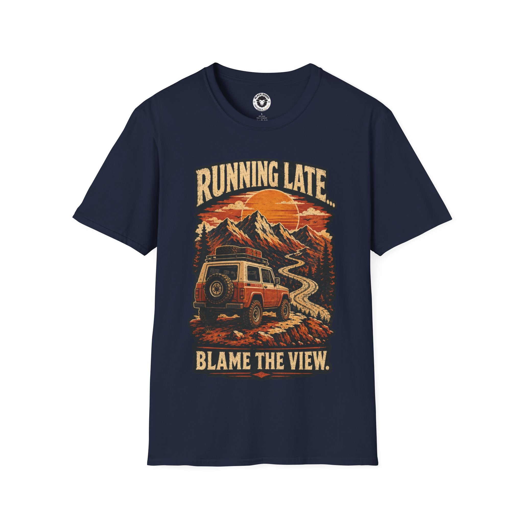 Running Late Adventure T‑Shirt — Retro Mountain Camper Graphic