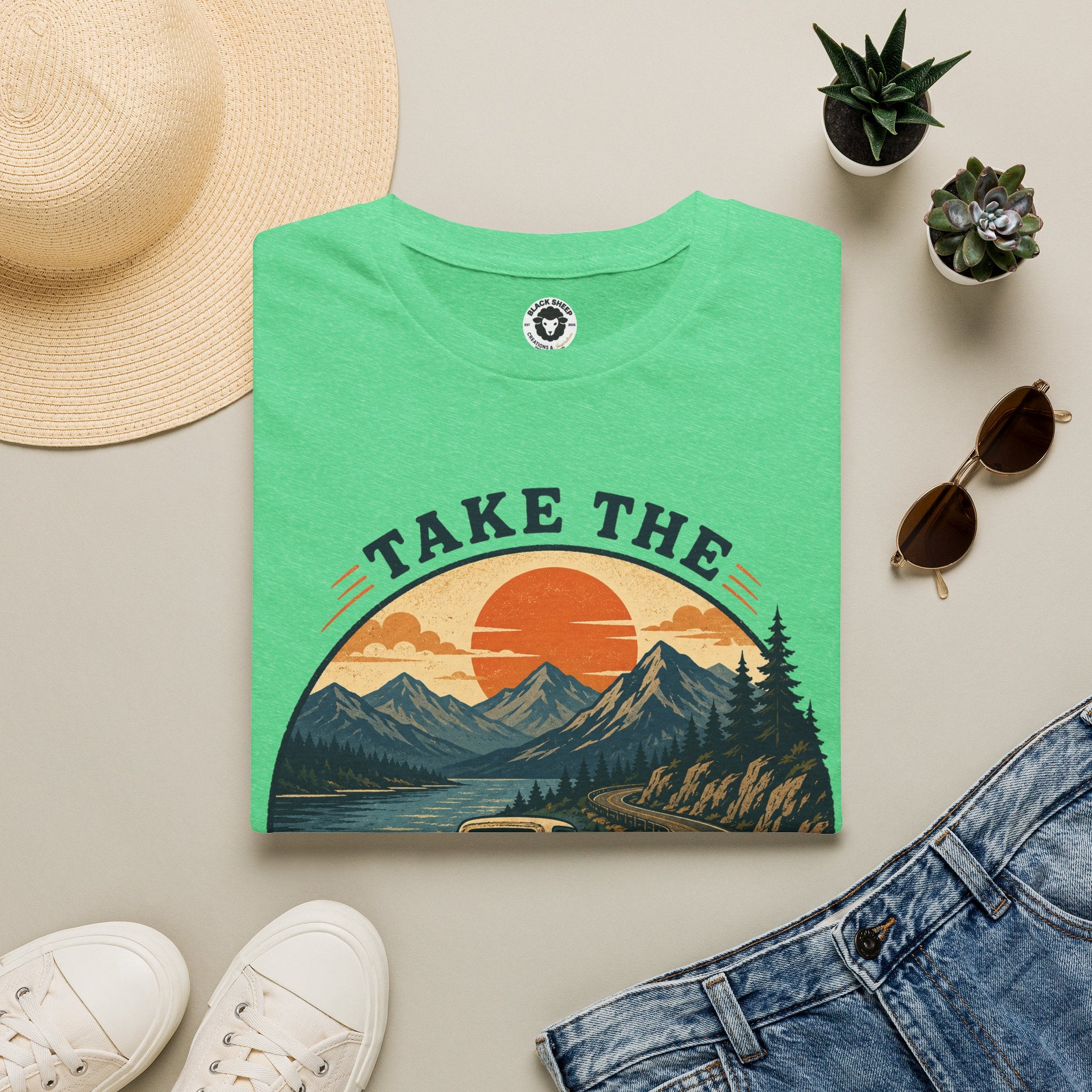 Long Road Adventure T-Shirt — “Take the Long Way Home” Vintage Mountain Sunset Tee