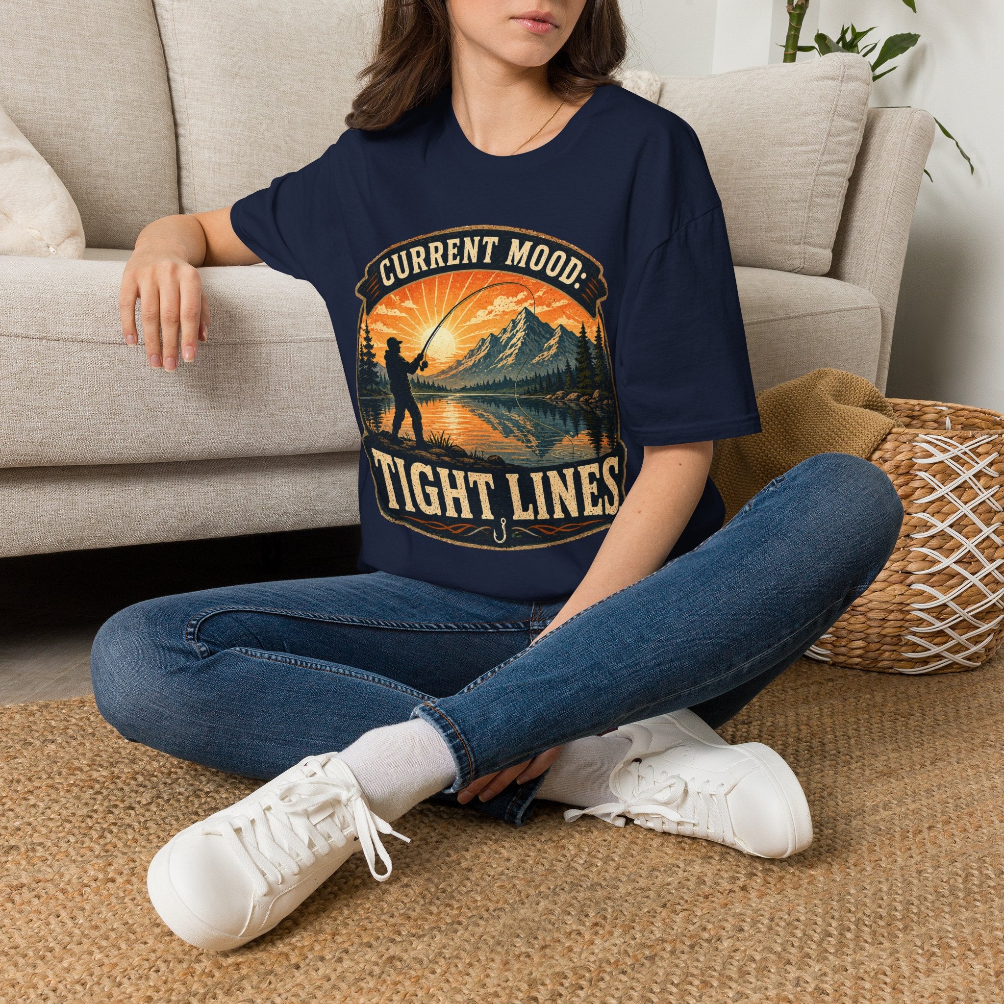 Fishing T-Shirt — “Current Mood: Tight Lines” Vintage Outdoors Tee
