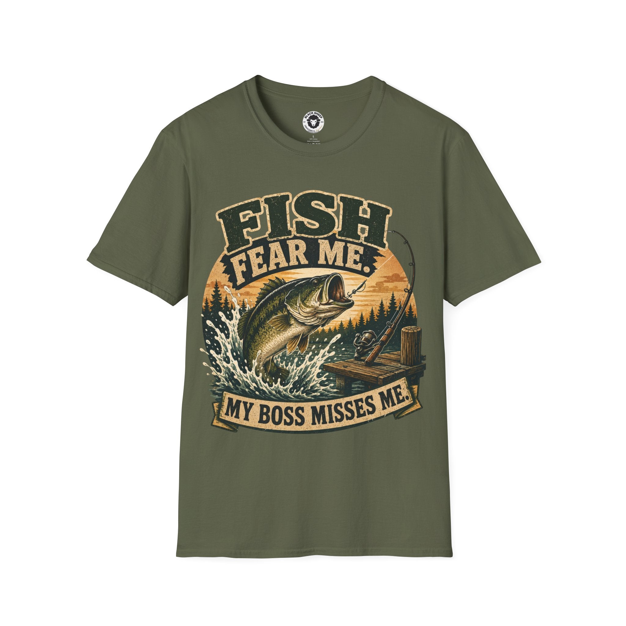 Fish Fear Me T-Shirt — Retro Fishing Graphic Tee ("My Boss Misses Me")