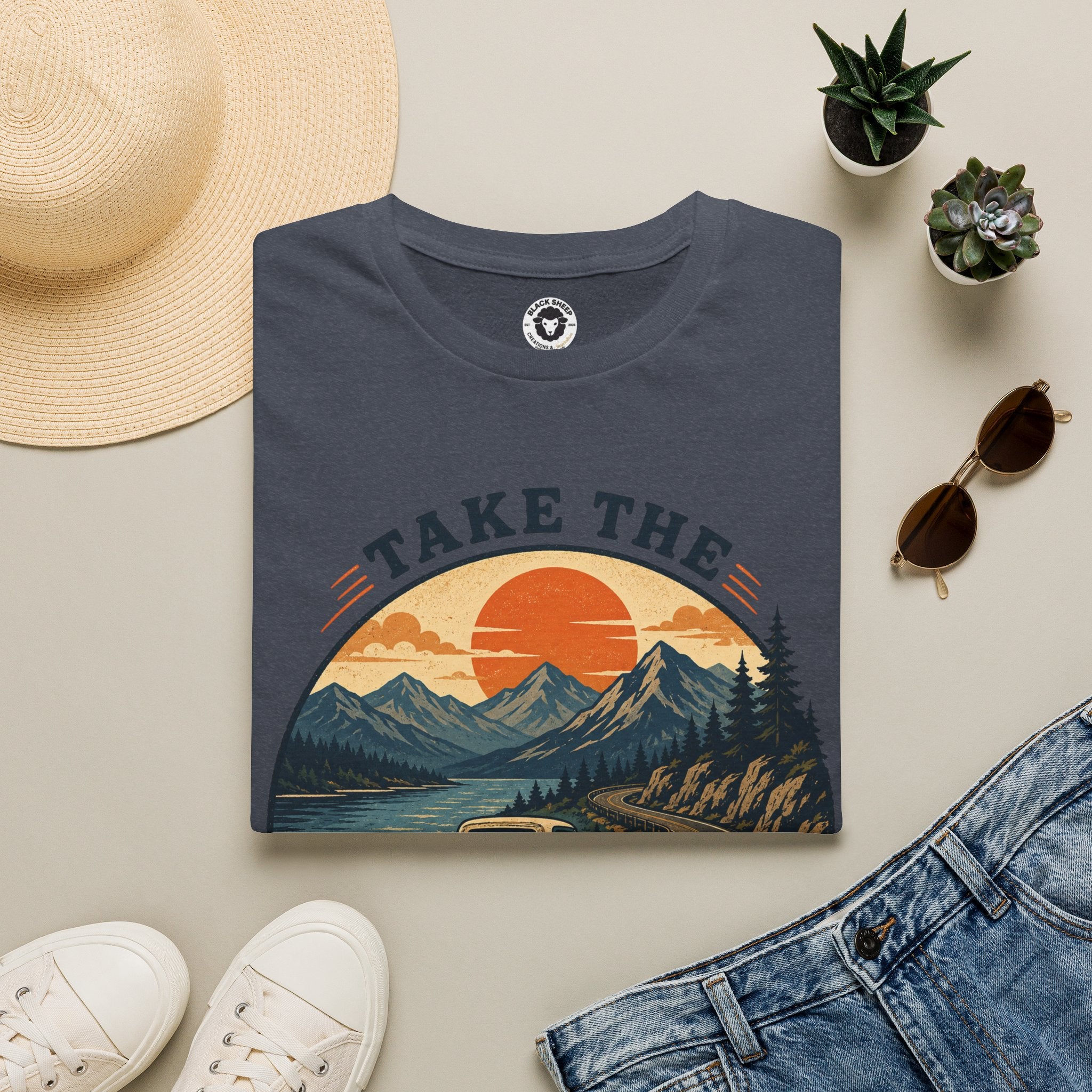 Long Road Adventure T-Shirt — “Take the Long Way Home” Vintage Mountain Sunset Tee
