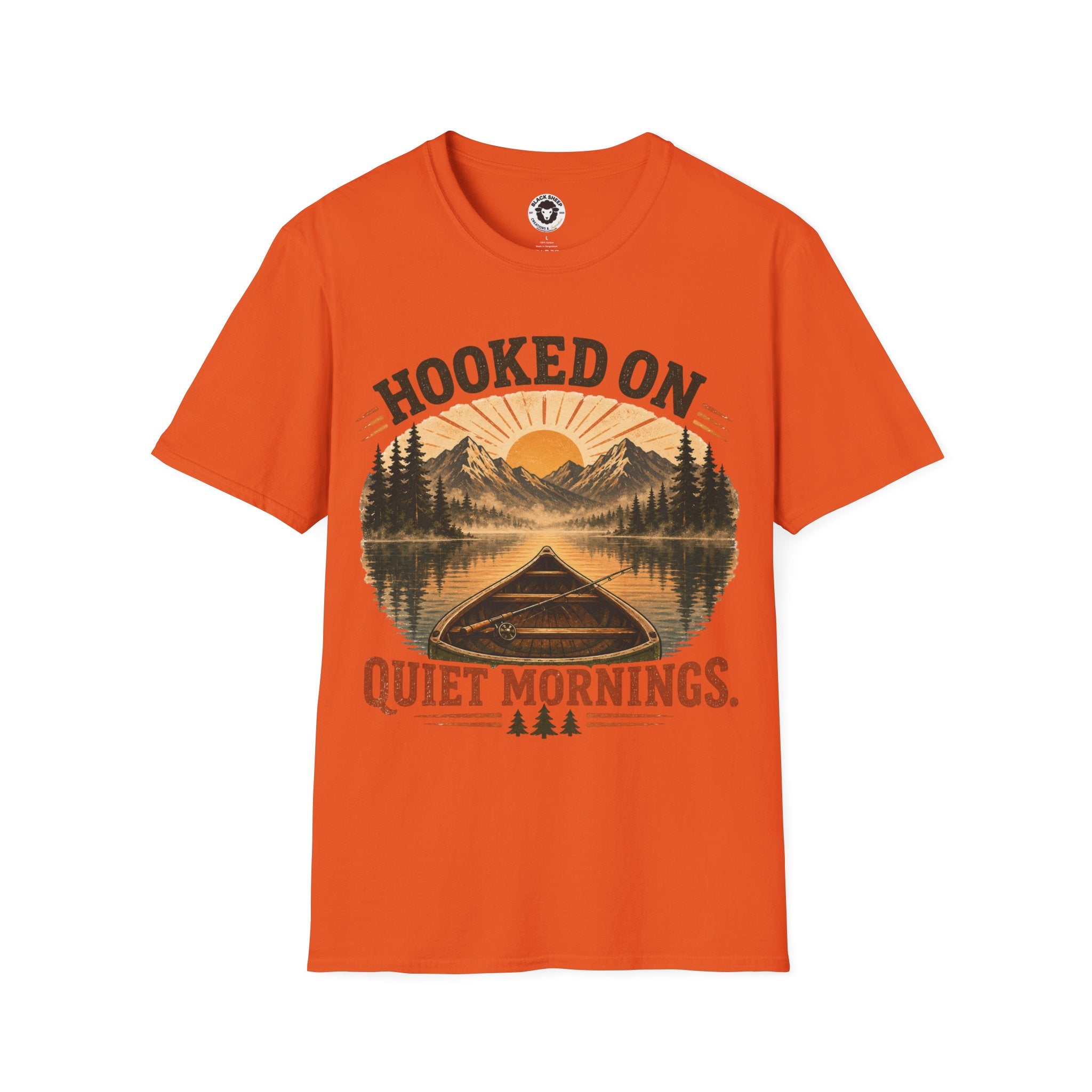 Camping T-Shirt — "Hooked On Quiet Mornings" Retro Mountain & Lake Fishing Tee