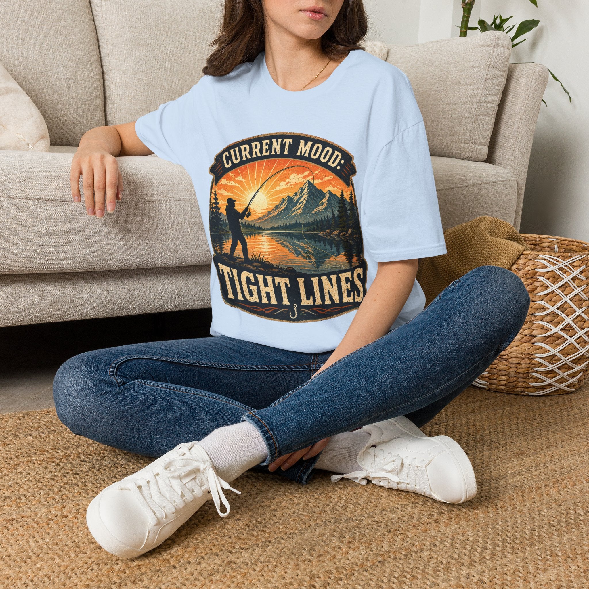 Fishing T-Shirt — “Current Mood: Tight Lines” Vintage Outdoors Tee