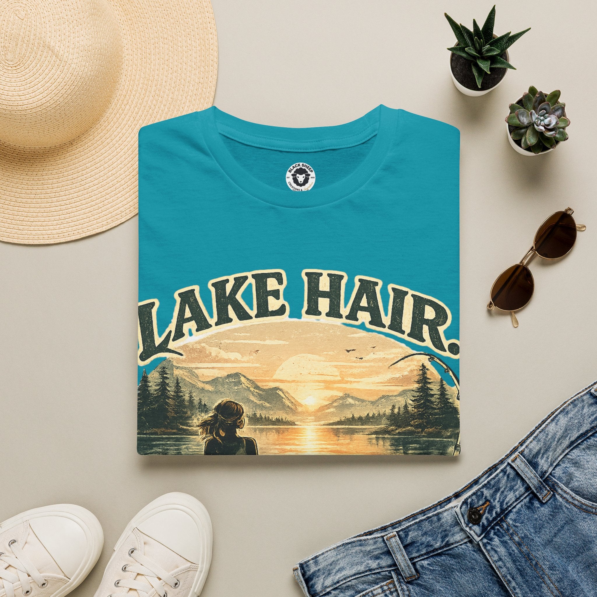 Lake Hair Don't Care T-Shirt — Retro Sunset Lake Scene Tee for Boating & Vacation
