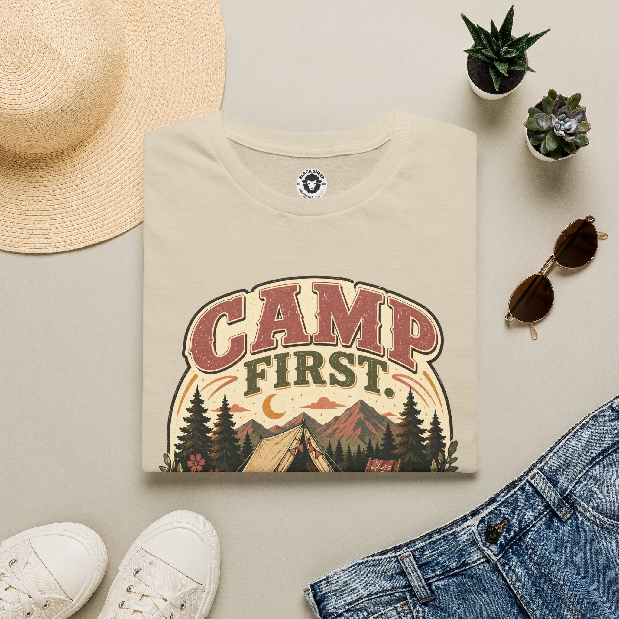 Camp First T-Shirt — Vintage Camping Tee ("Camp First, Adult Later")
