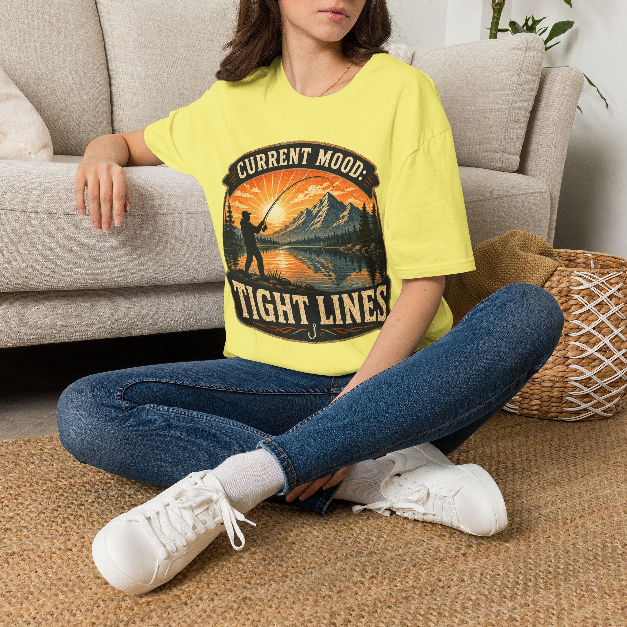 Fishing T-Shirt — “Current Mood: Tight Lines” Vintage Outdoors Tee