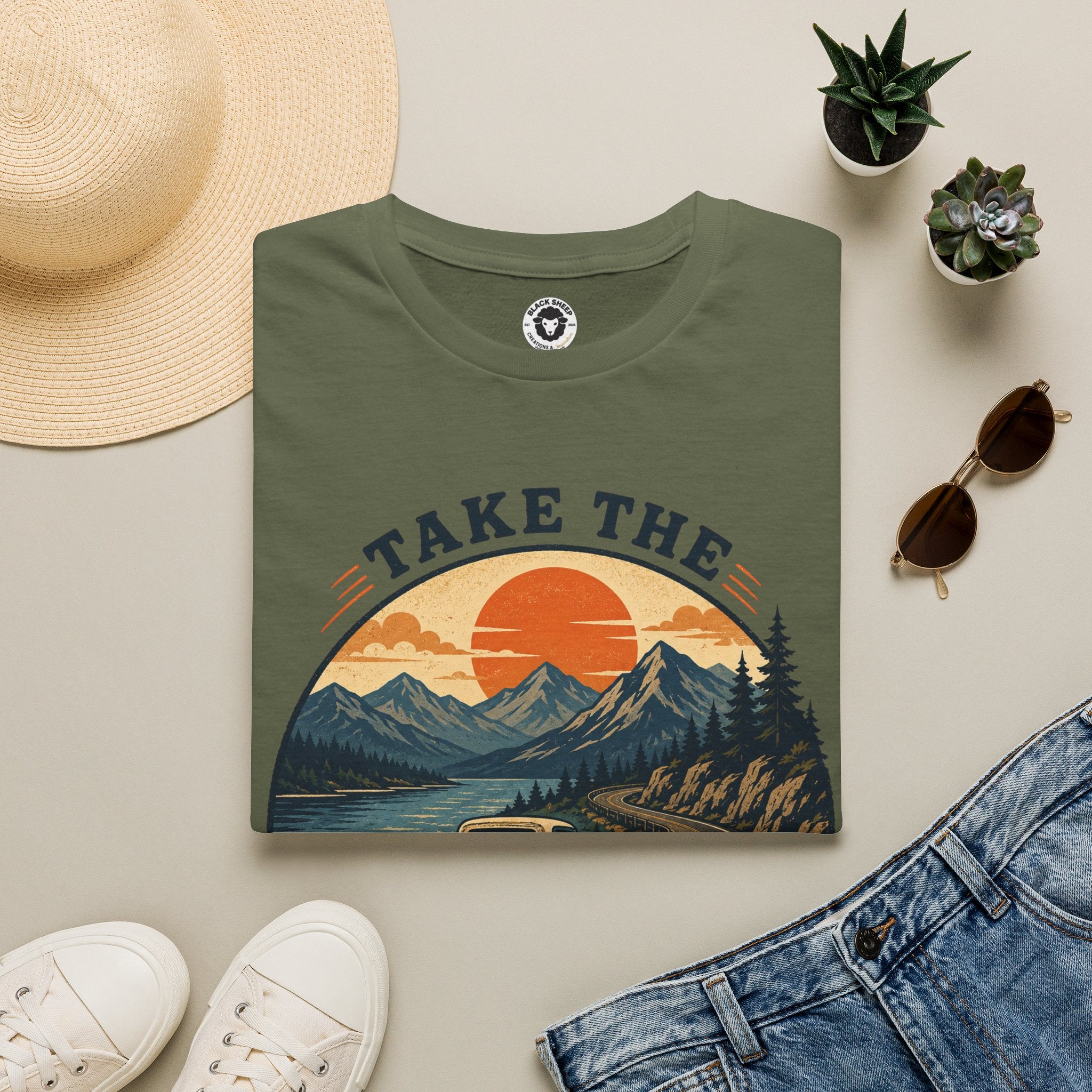 Long Road Adventure T-Shirt — “Take the Long Way Home” Vintage Mountain Sunset Tee