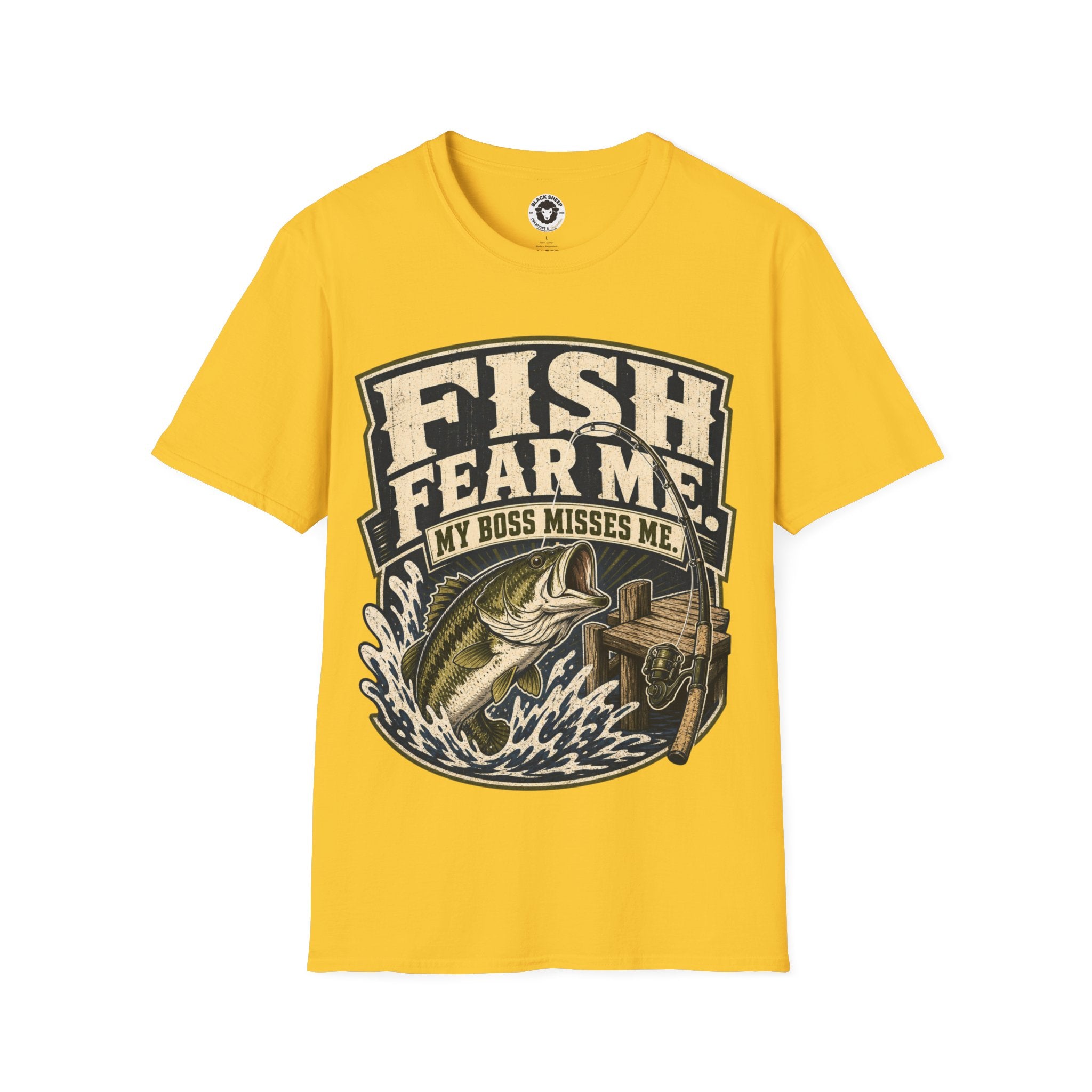 Fishing T-Shirt — "Fish Fear Me, My Boss Misses Me" Graphic Tee for Anglers