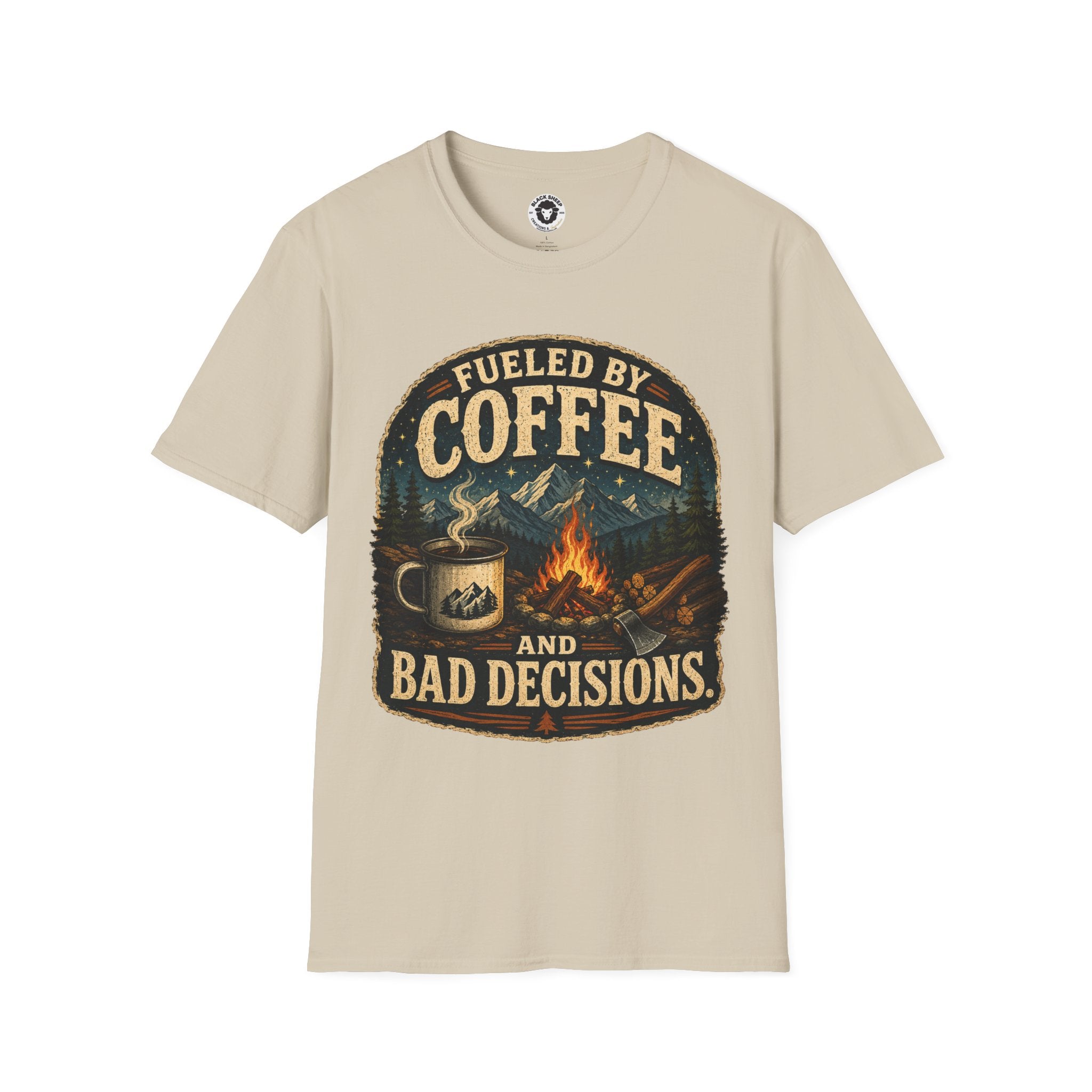 Coffee T-Shirt — "Fueled by Coffee (and Bad Decisions)" Vintage Camping Tee
