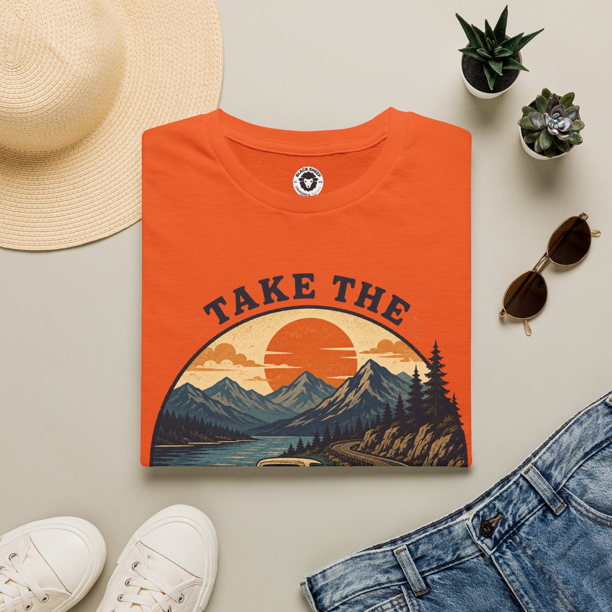 Long Road Adventure T-Shirt — “Take the Long Way Home” Vintage Mountain Sunset Tee