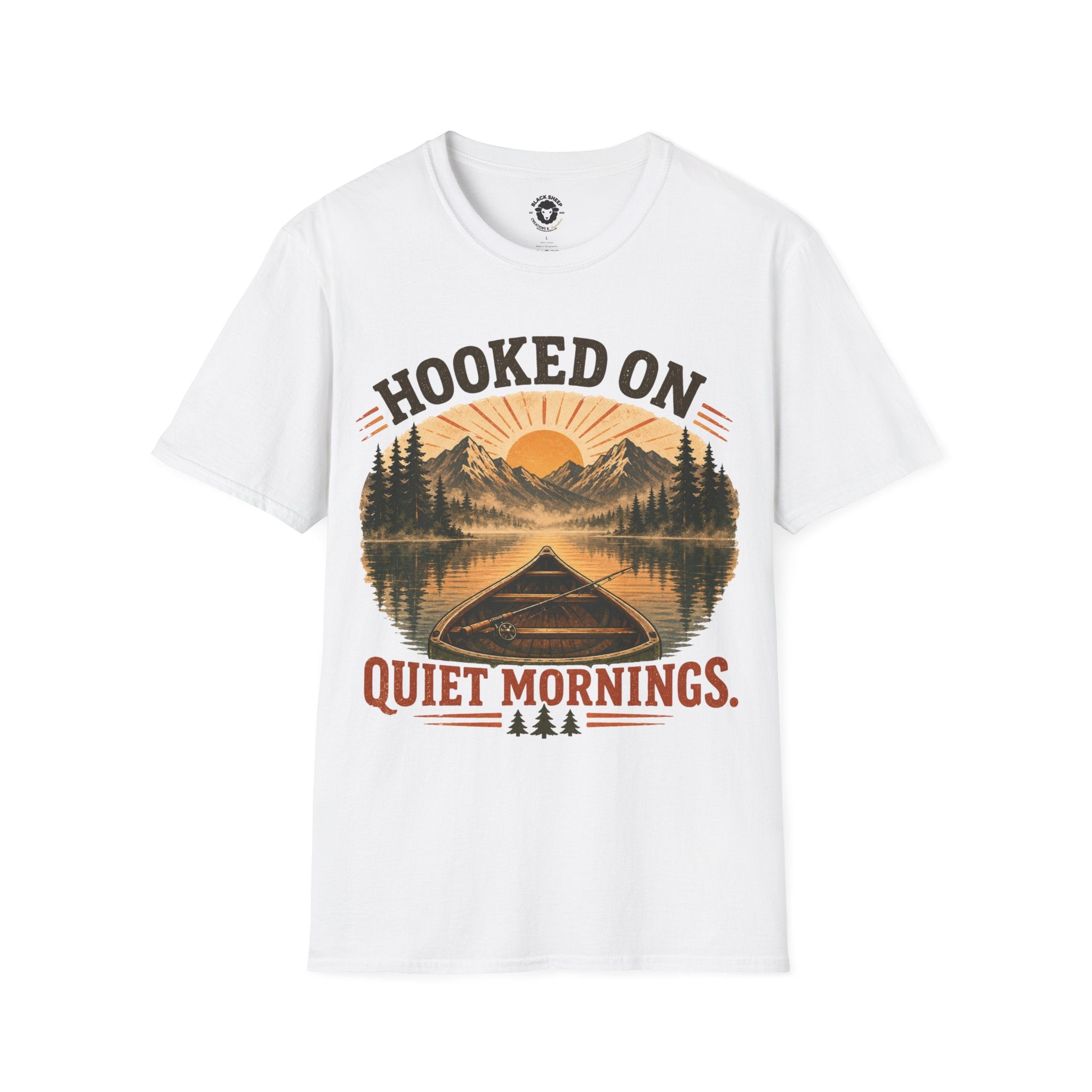 Camping T-Shirt — "Hooked On Quiet Mornings" Retro Mountain & Lake Fishing Tee