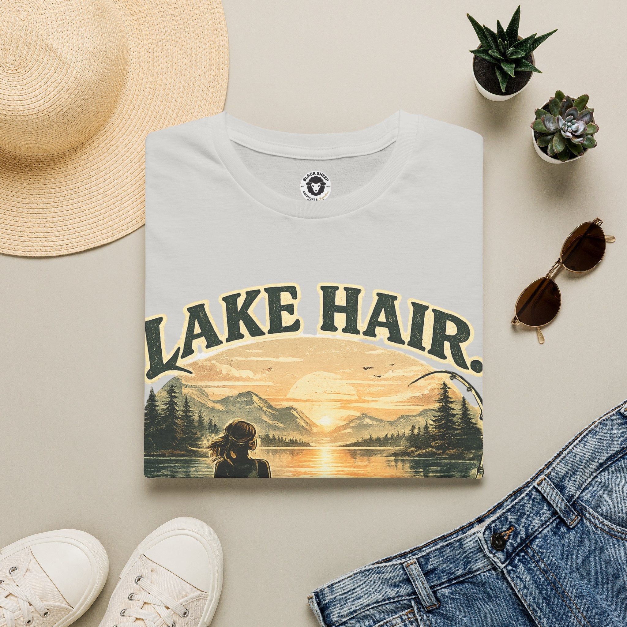 Lake Hair Don't Care T-Shirt — Retro Sunset Lake Scene Tee for Boating & Vacation