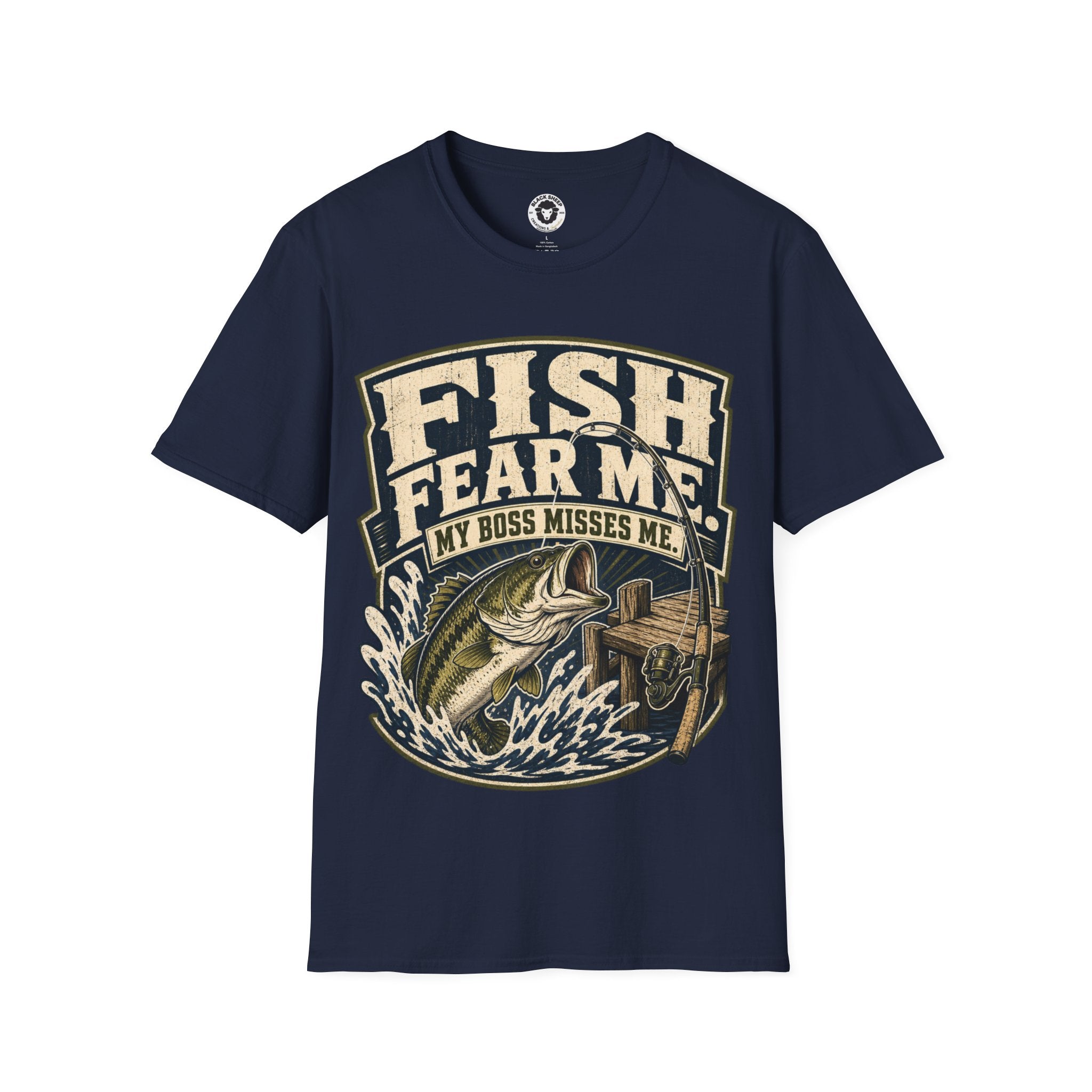 Fishing T-Shirt — "Fish Fear Me, My Boss Misses Me" Graphic Tee for Anglers