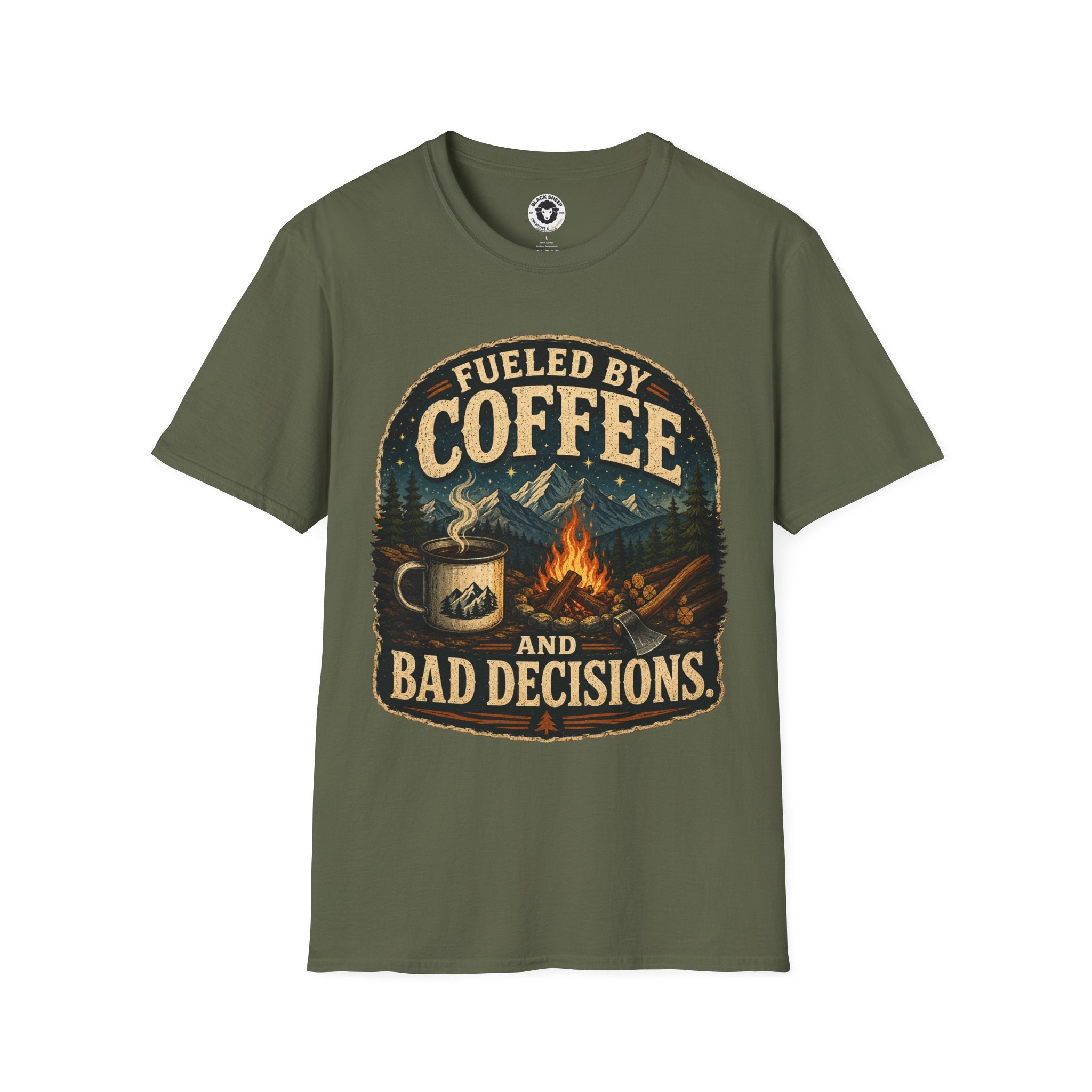 Coffee T-Shirt — "Fueled by Coffee (and Bad Decisions)" Vintage Camping Tee