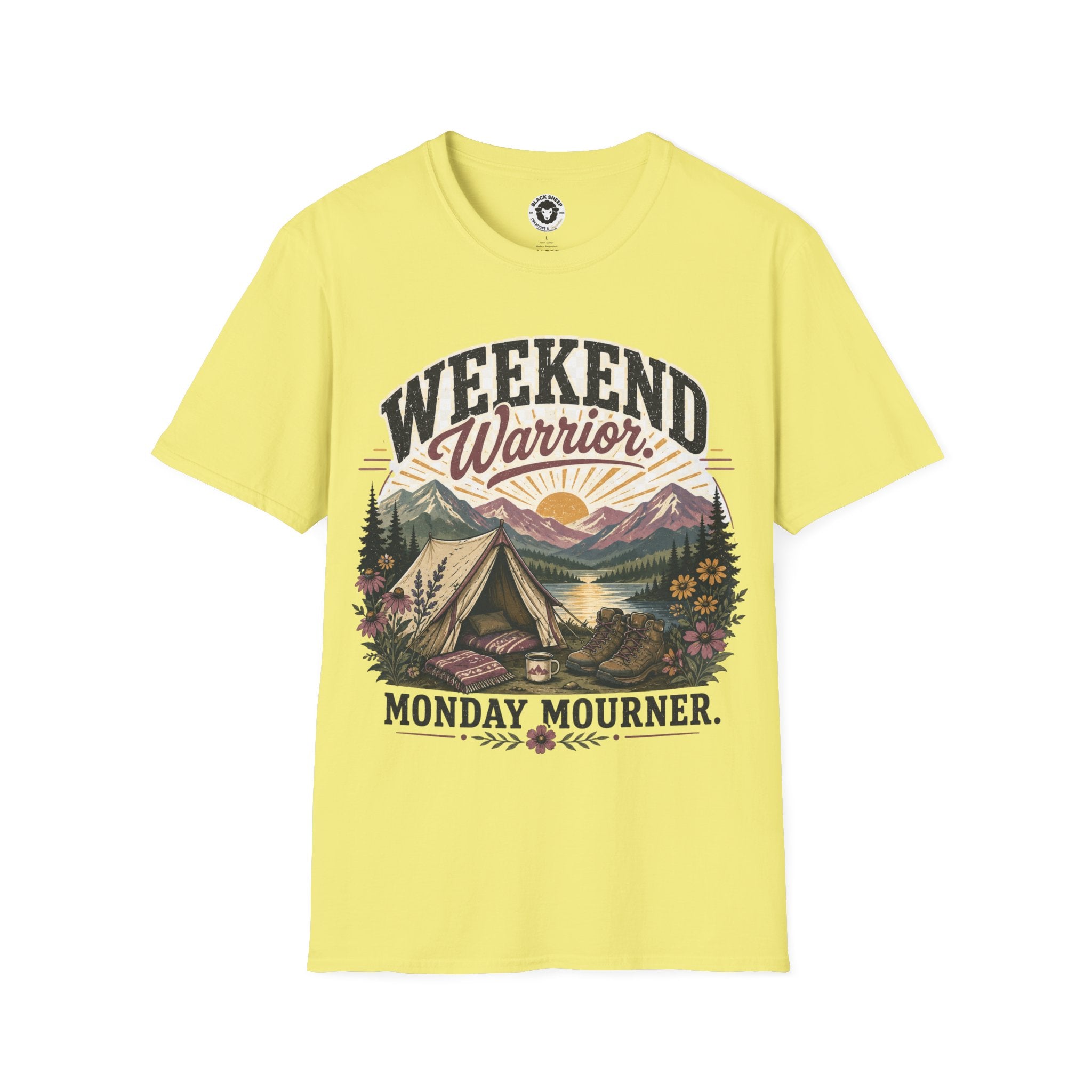 Weekend Warrior T-Shirt — Vintage Camping Adventure Graphic Tee ("Monday Mourns")