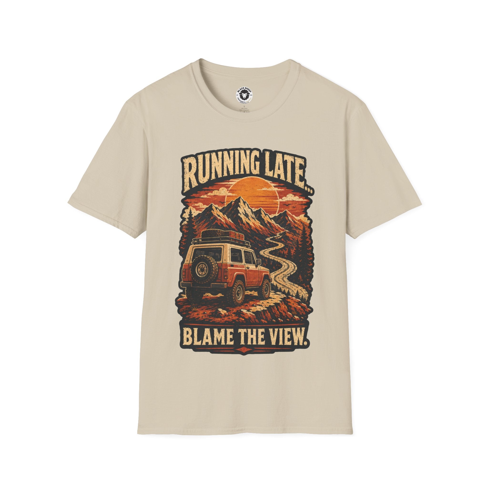 Running Late Adventure T‑Shirt — Retro Mountain Camper Graphic
